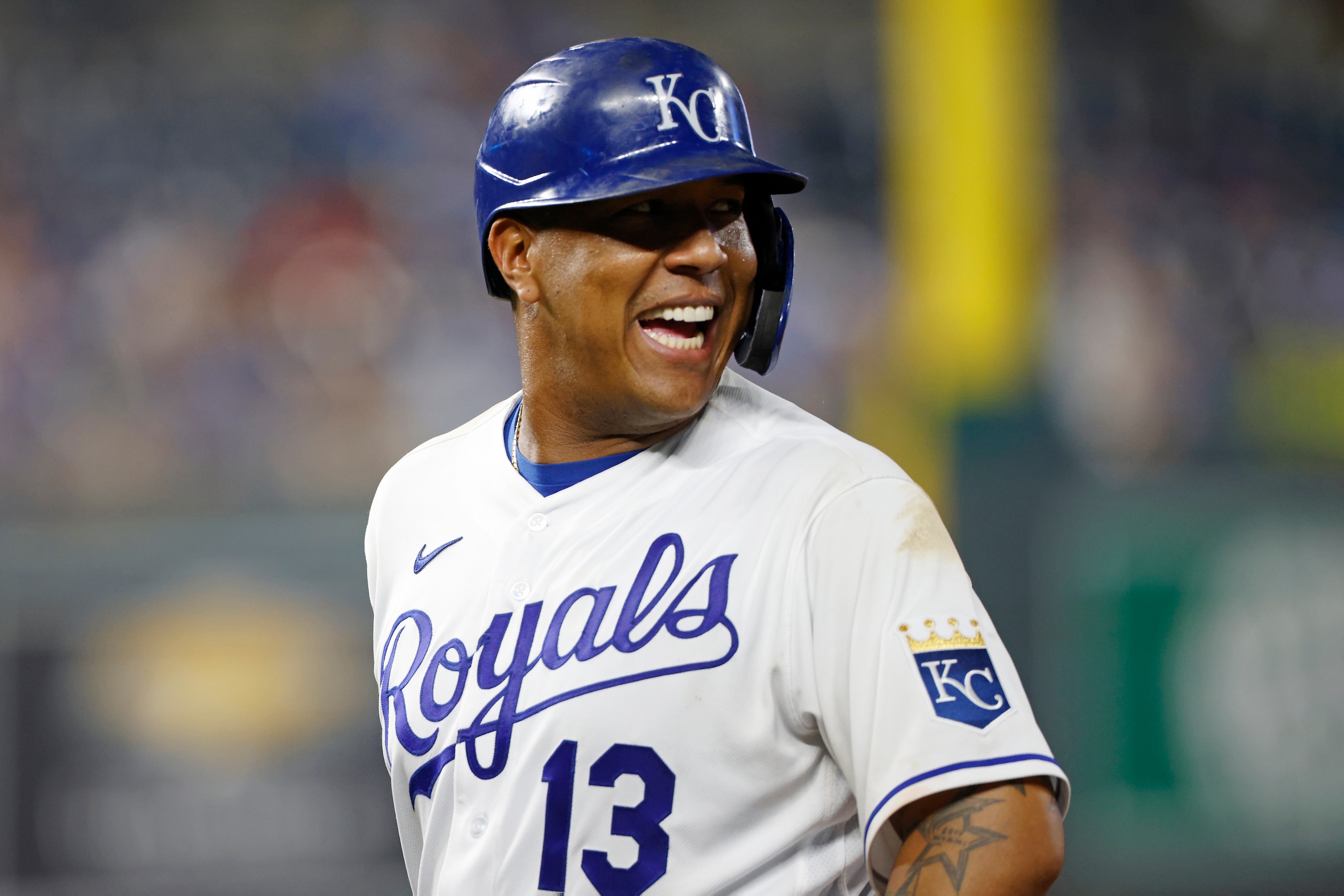 Kansas City Royals' Salvador Perez reacts after hitting an RBI single in the the eighth inning of a baseball game against the Seattle Mariners at Kauffman Stadium in Kansas City, Mo., Saturday, Sept. 18, 2021. the Royals defeated the Mariners 8-11. (AP Photo/Colin E. Braley) Kansas City Royals' Salvador Perez reacts after hitting an RBI single in the the eighth inning of a baseball game against the Seattle Mariners at Kauffman Stadium in Kansas City, Mo., Saturday, Sept. 18, 2021. the Royals defeated the Mariners 8-11. (AP Photo/Colin E. Braley)
