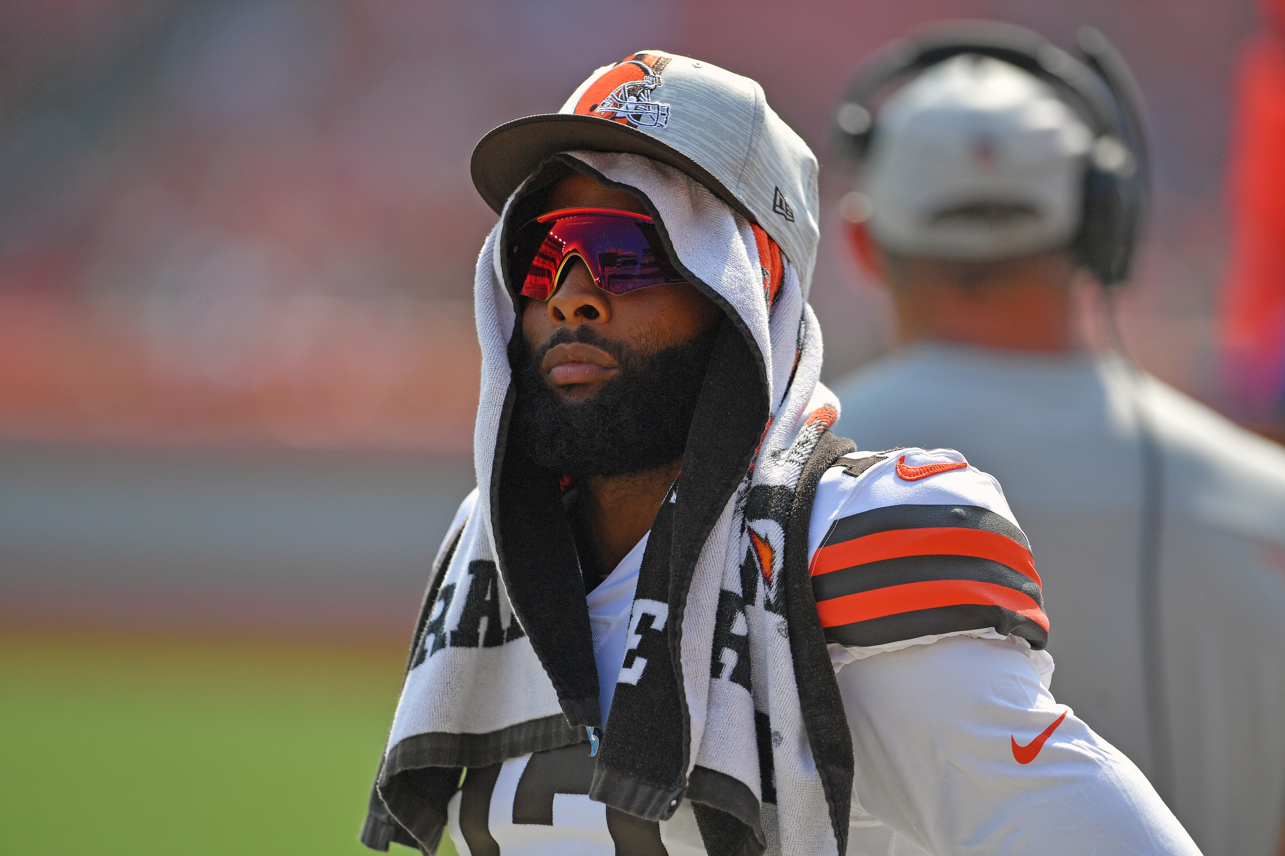 CLEVELAND, OHIO - AUGUST 22: Wide receiver Odell Beckham Jr. #13 of the Cleveland Browns watches from the sidelines during the fourth quarter against the New York Giants at FirstEnergy Stadium on August 22, 2021 in Cleveland, Ohio. The Browns defeated the Giants 17-13.  (Photo by Jason Miller/Getty Images)
