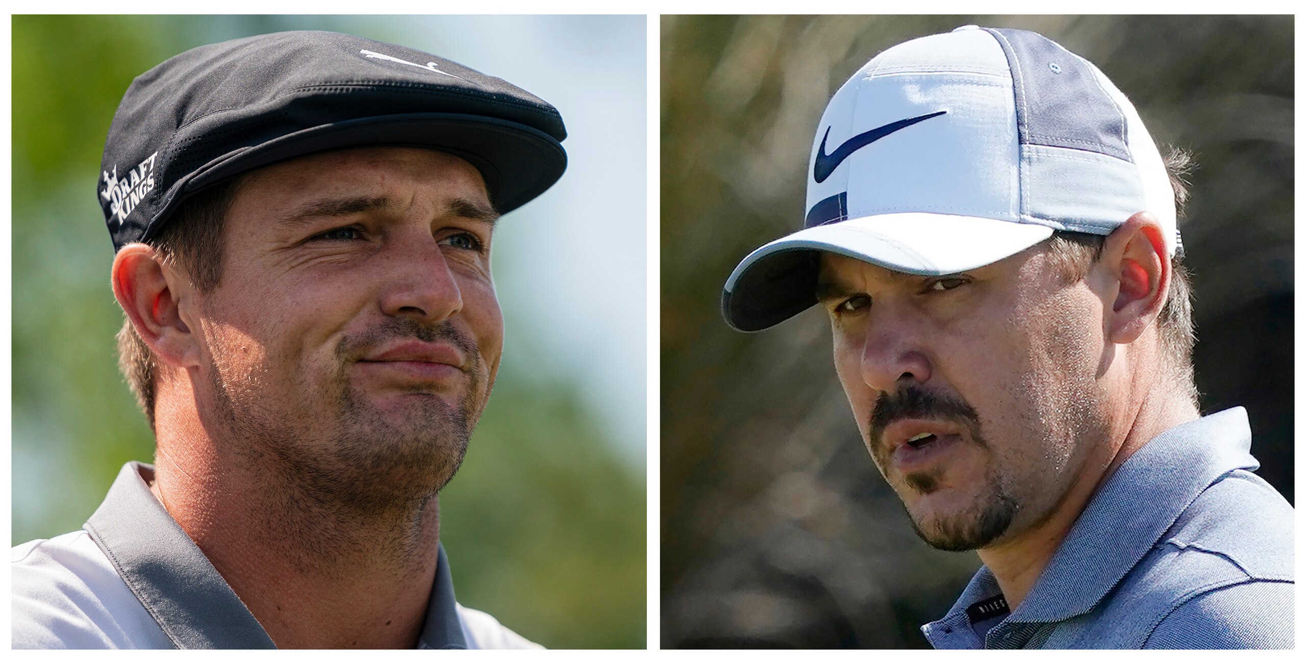 FILE- This combo of 2021 file photos show golfers Bryson DeChambeau, left, and and Brooks Koepka. While the 2020 U.S. Ryder Cup team includes DeChambeau and Koepka, who have made their dislike for each other abundantly clear over the last few months. The pandemic-delayed 2020 Ryder Cup returns the United States next week at Whistling Straits along the Wisconsin shores of Lake Michigan.   (AP Photo/File)