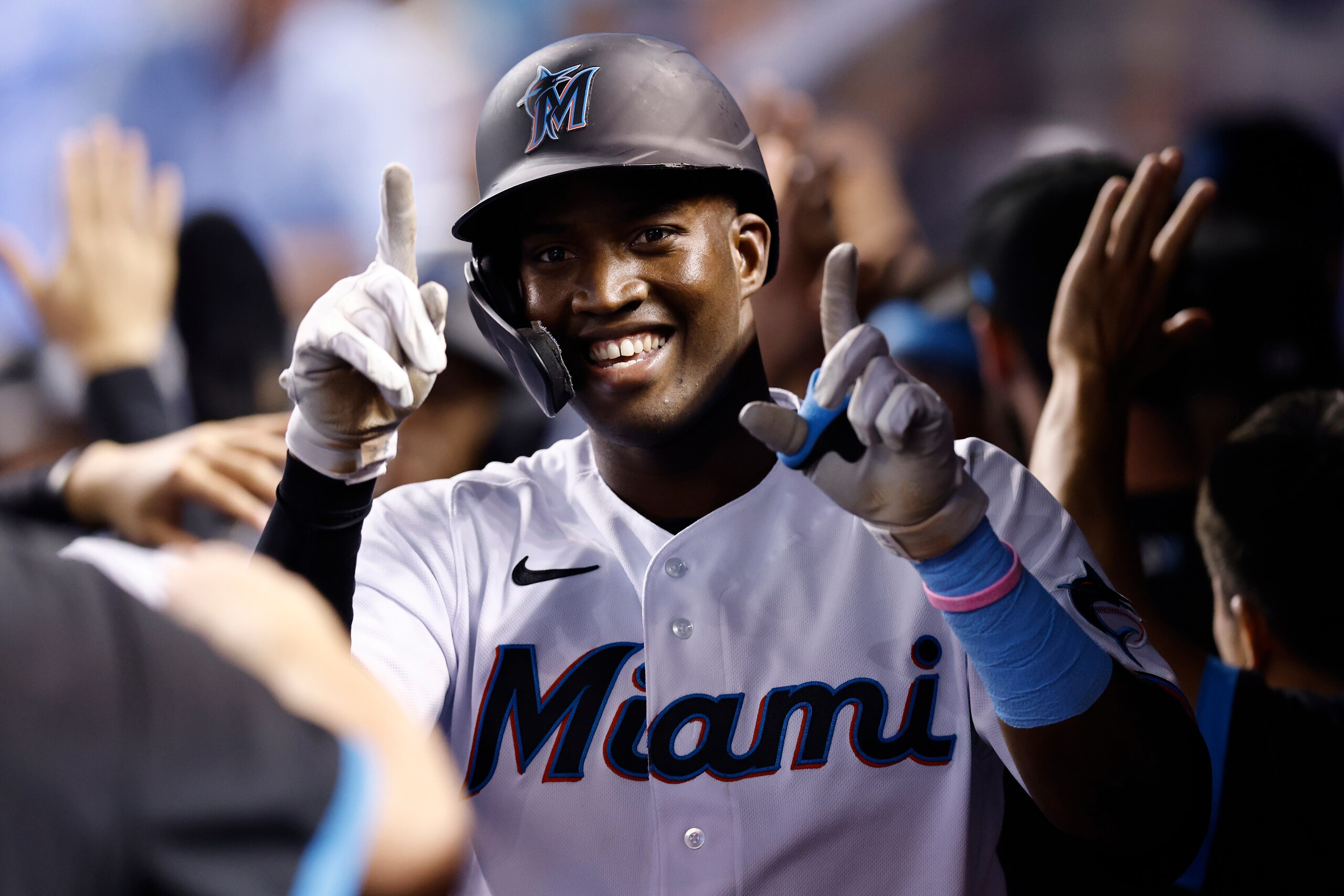 MIAMI, FLORIDA - SEPTEMBER 20: Jesus Sanchez #76 of the Miami Marlins celebrates after hitting a two-run home run off Erick Fedde #23 of the Washington Nationals (not pictured) during the third inning at loanDepot park on September 20, 2021 in Miami, Florida. (Photo by Michael Reaves/Getty Images)