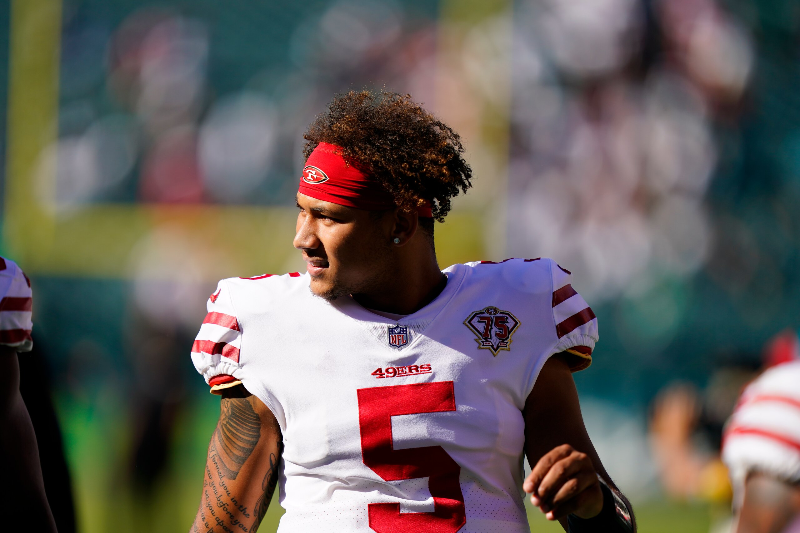 San Francisco 49ers' Trey Lance in action after an NFL football game against the Philadelphia Eagles Sunday, Sept. 19, 2021, in Philadelphia. (AP Photo/Matt Rourke)