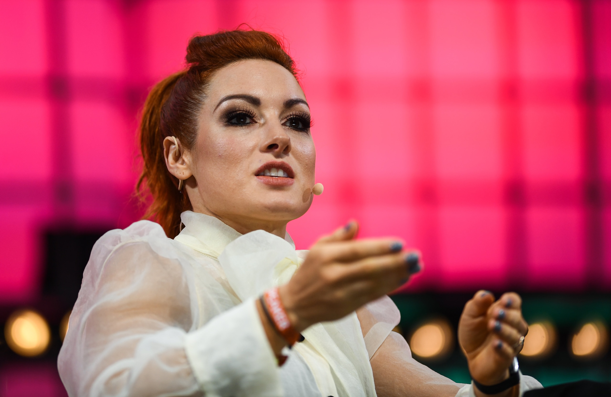 LISBON , PORTUGAL - 7 November 2019; Becky Lynch, WWE Superstar, WWE, on Centre Stage during the final day of Web Summit 2019 at the Altice Arena in Lisbon, Portugal. (Photo By Harry Murphy/Sportsfile for Web Summit via Getty Images) LISBON , PORTUGAL - 7 November 2019; Becky Lynch, WWE Superstar, WWE, on Centre Stage during the final day of Web Summit 2019 at the Altice Arena in Lisbon, Portugal. (Photo By Harry Murphy/Sportsfile for Web Summit via Getty Images)