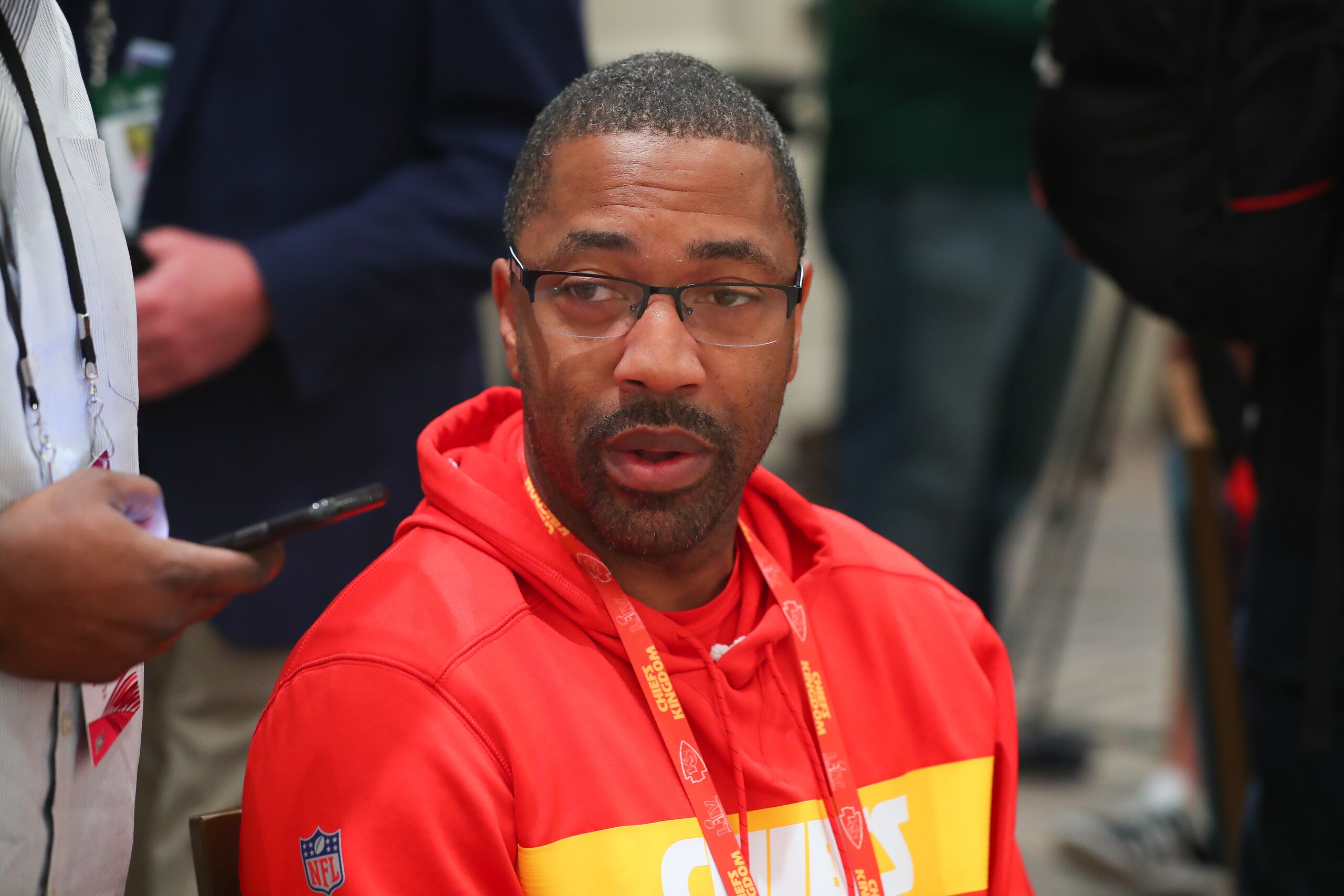 AVENTURA, FL - JANUARY 29:  Kansas City Chiefs wide receivers coach Greg Lewis  answers questions from the media during the Kansas City Chiefs press conference on January 29, 2020 at the JW Marriott Miami Turnberry Resort & Spa in Aventura, FL.   (Photo by Rich Graessle/PPI/Icon Sportswire via Getty Images)