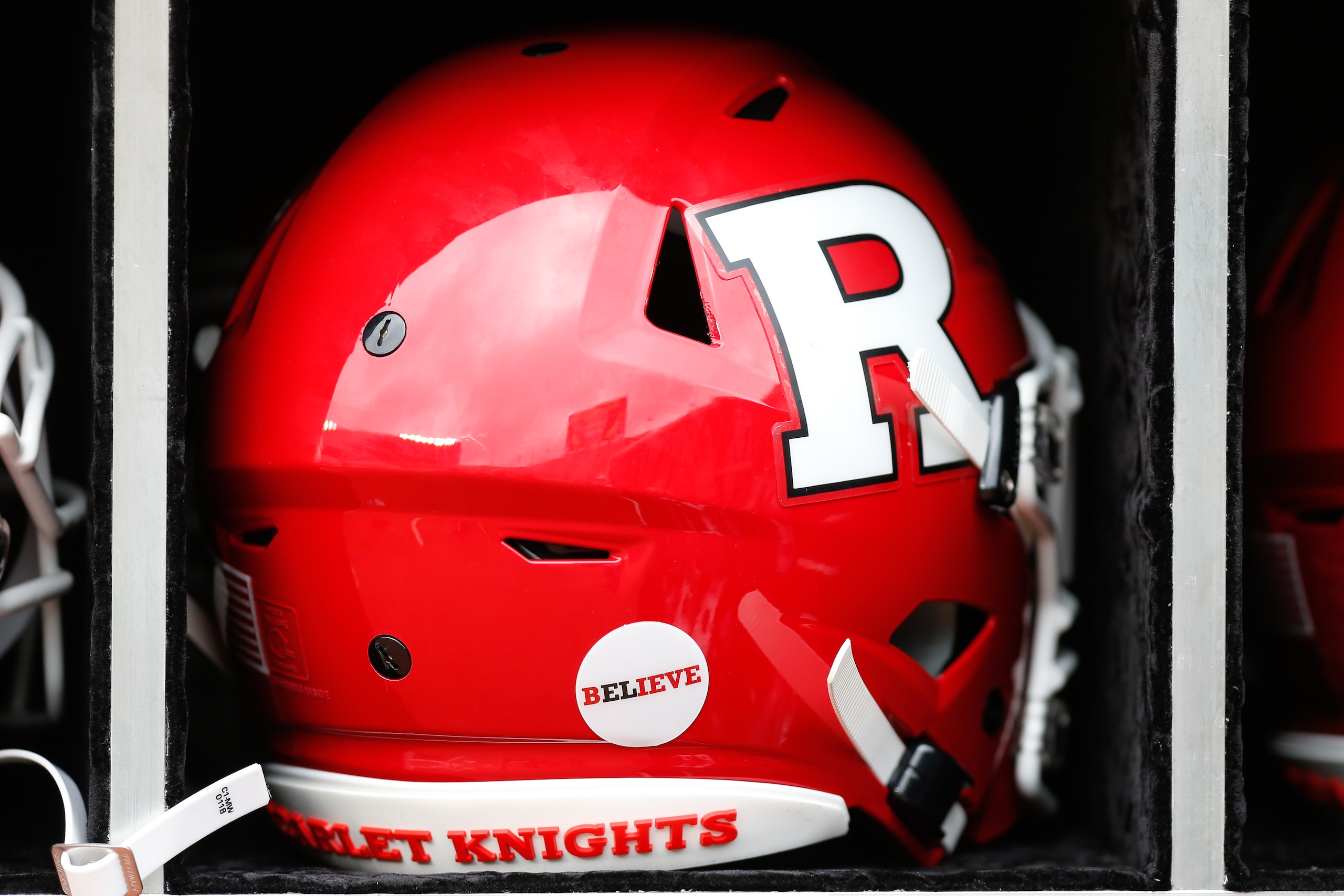 ANN ARBOR, MI - SEPTEMBER 28:  A general view of a Rutgers football helmet is seen during a Big 10 conference game between the Rutgers Scarlet Knights and the Michigan Wolverines on September 28, 2019 at Michigan Stadium in Ann Arbor, Michigan. (Photo by Scott W. Grau/Icon Sportswire via Getty Images)