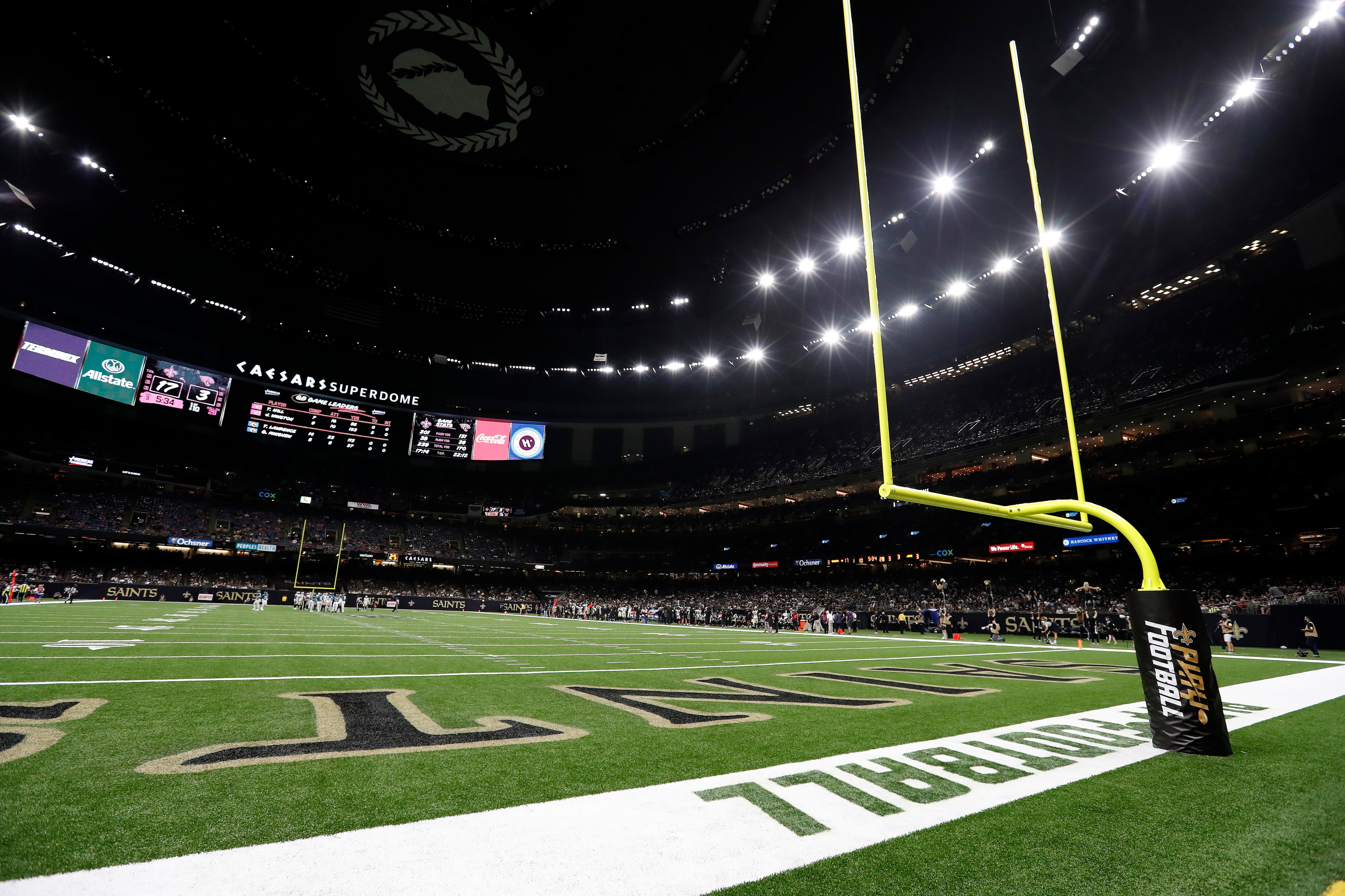 A general view during a preseason NFL football game, Monday between the New Orleans Saints and the Jacksonville Jaguars, Aug. 23, 2021, in New Orleans. (AP Photo/Tyler Kaufman)