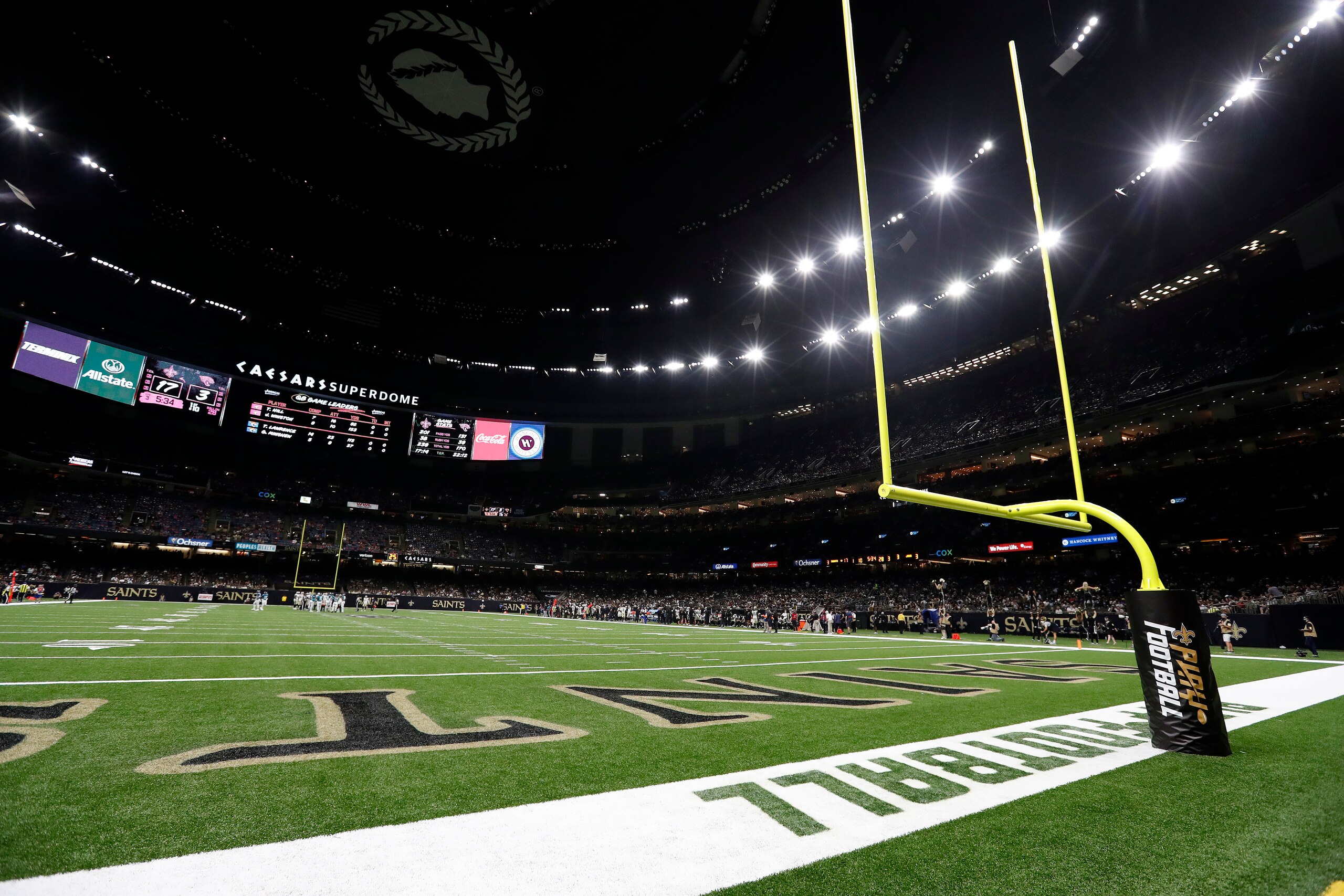 A general view during a preseason NFL football game, Monday between the New Orleans Saints and the Jacksonville Jaguars, Aug. 23, 2021, in New Orleans. (AP Photo/Tyler Kaufman)