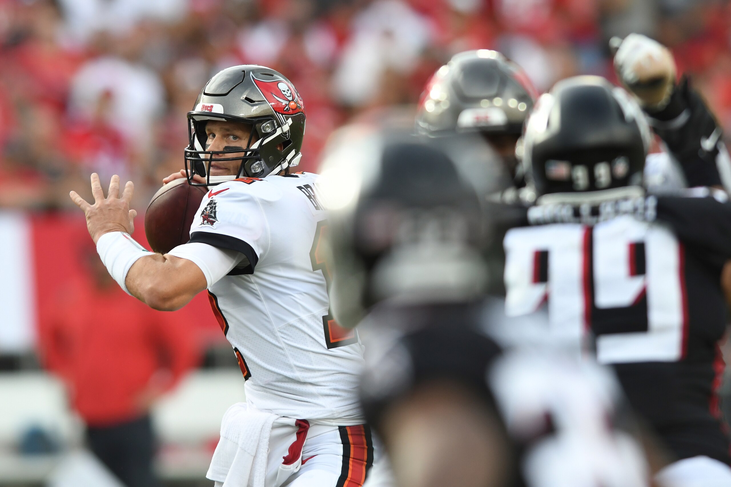 Tampa Bay Buccaneers quarterback Tom Brady (12) looks to pass during the second half of an NFL football game against the Atlanta Falcons Sunday, Sept. 19, 2021, in Tampa, Fla. (AP Photo/Jason Behnken)