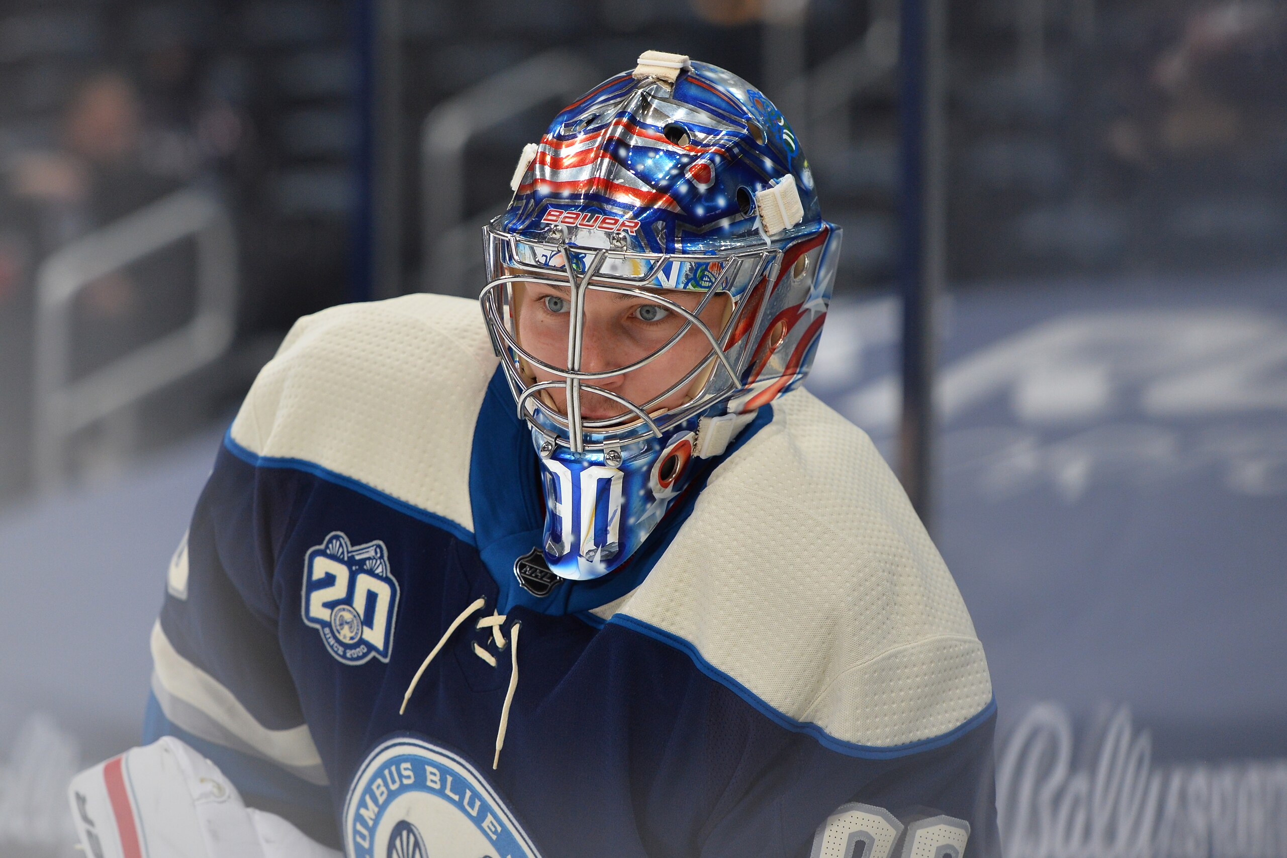 COLUMBUS, OH - MAY 7: Goaltender Elvis Merzlikins #90 of the Columbus Blue Jackets warms up prior to a game against the Detroit Red Wings at Nationwide Arena on May 7, 2021 in Columbus, Ohio.  (Photo by Ben Jackson/NHLI via Getty Images)