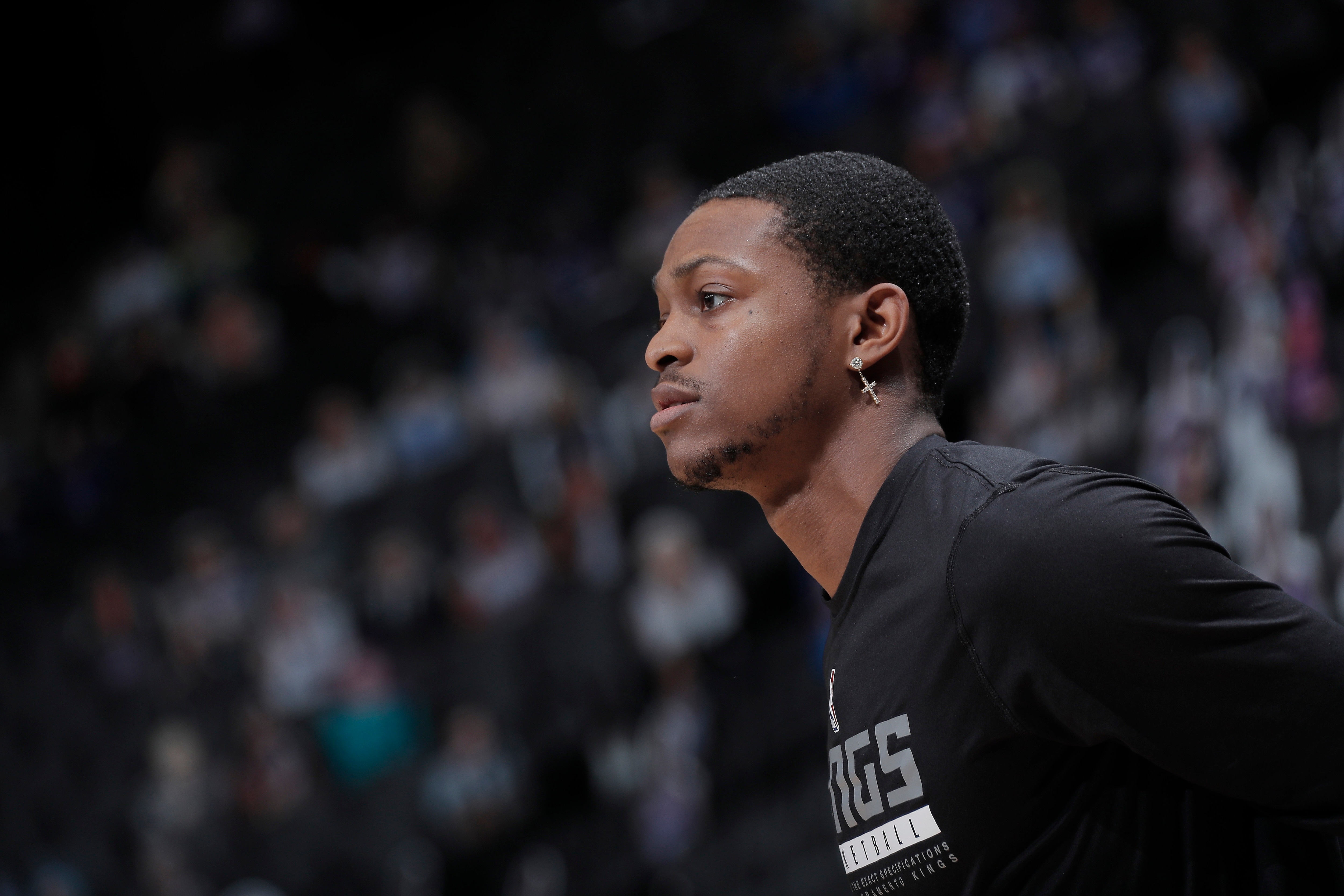 SACRAMENTO, CA - MAY 16: De'Aaron Fox #5 of the Sacramento Kings looks on during the game against the Utah Jazz on May 16, 2021 at Golden 1 Center in Sacramento, California. NOTE TO USER: User expressly acknowledges and agrees that, by downloading and or using this photograph, User is consenting to the terms and conditions of the Getty Images Agreement. Mandatory Copyright Notice: Copyright 2021 NBAE (Photo by Rocky Widner/NBAE via Getty Images)