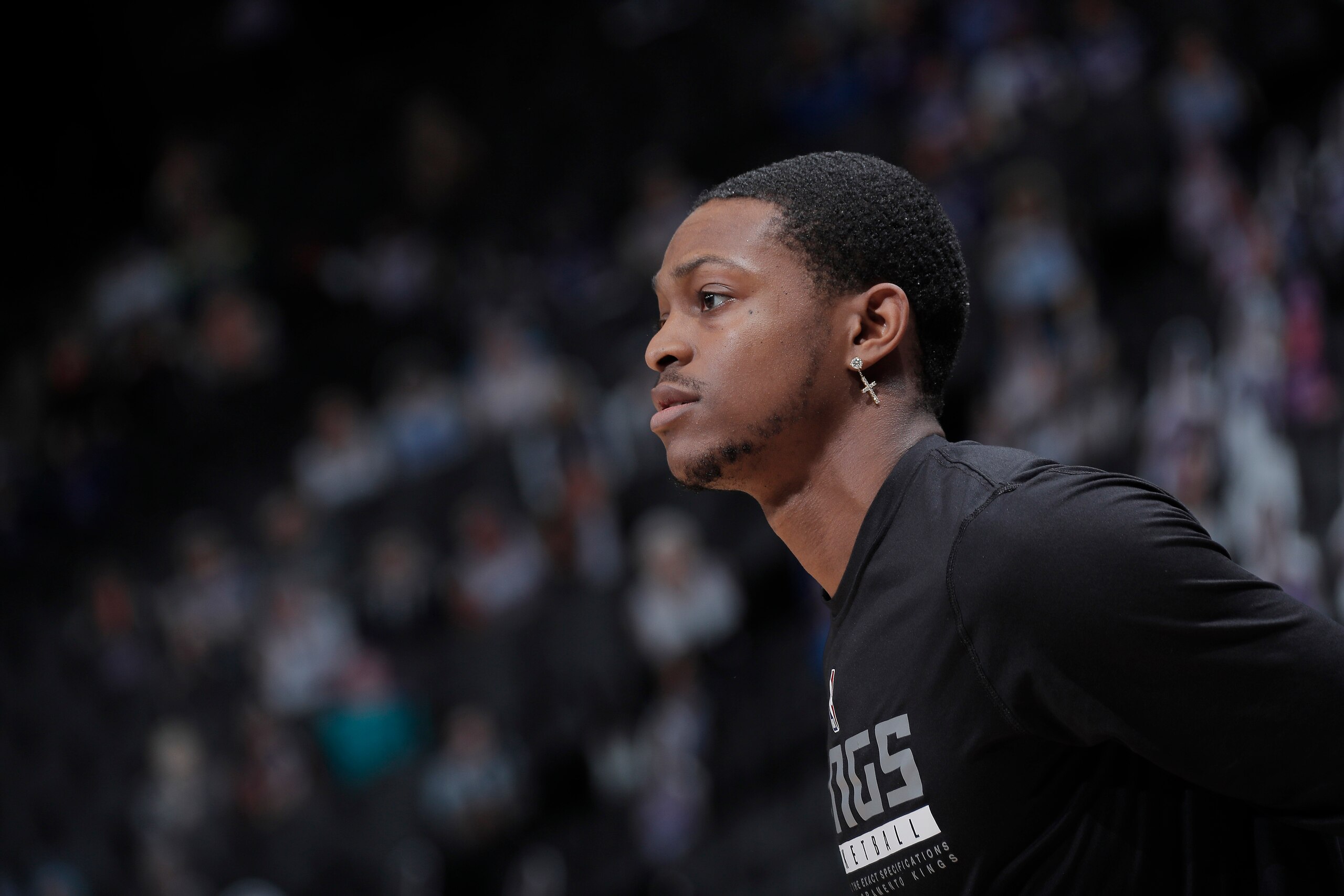 SACRAMENTO, CA - MAY 16: De'Aaron Fox #5 of the Sacramento Kings looks on during the game against the Utah Jazz on May 16, 2021 at Golden 1 Center in Sacramento, California. NOTE TO USER: User expressly acknowledges and agrees that, by downloading and or using this photograph, User is consenting to the terms and conditions of the Getty Images Agreement. Mandatory Copyright Notice: Copyright 2021 NBAE (Photo by Rocky Widner/NBAE via Getty Images)