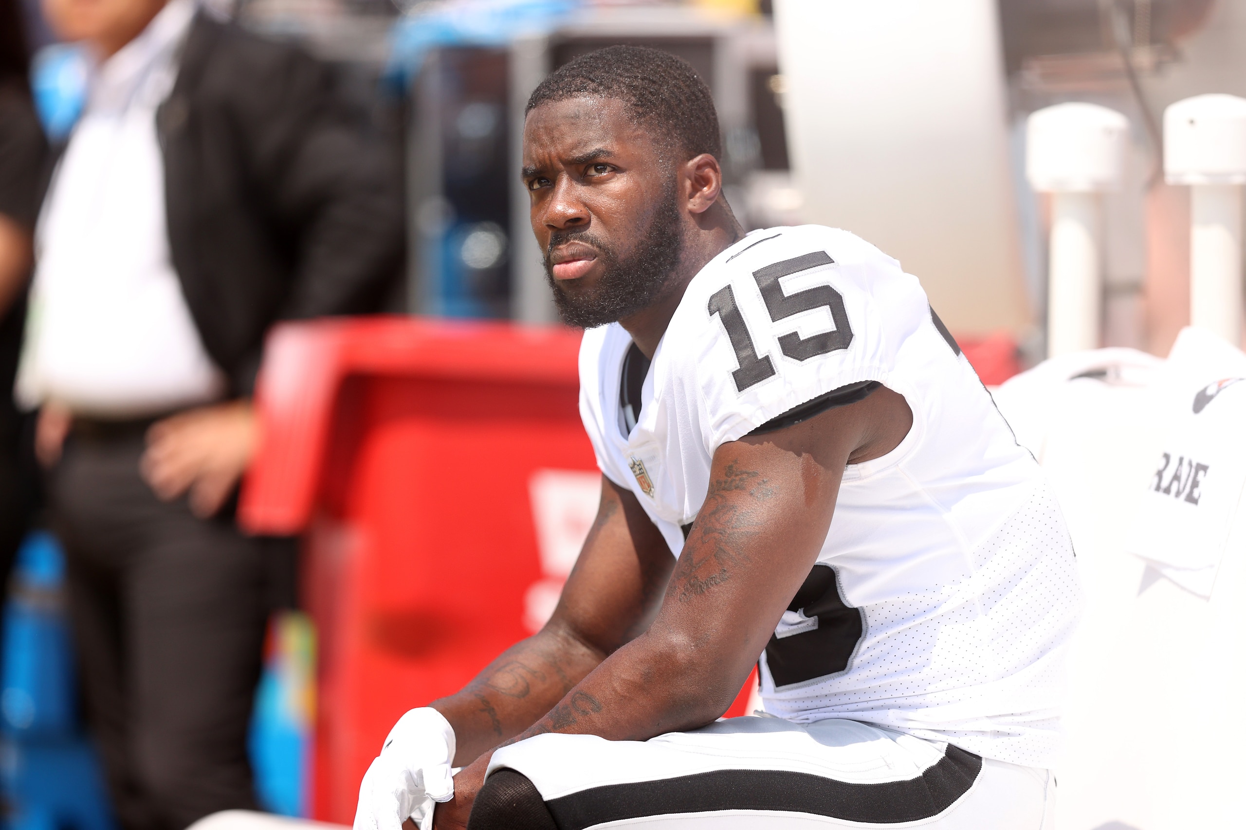 SANTA CLARA, CALIFORNIA - AUGUST 29: John Brown #15 of the Las Vegas Raiders sits on the bench during their preseason game against the San Francisco 49ers at Levi's Stadium on August 29, 2021 in Santa Clara, California. (Photo by Ezra Shaw/Getty Images)