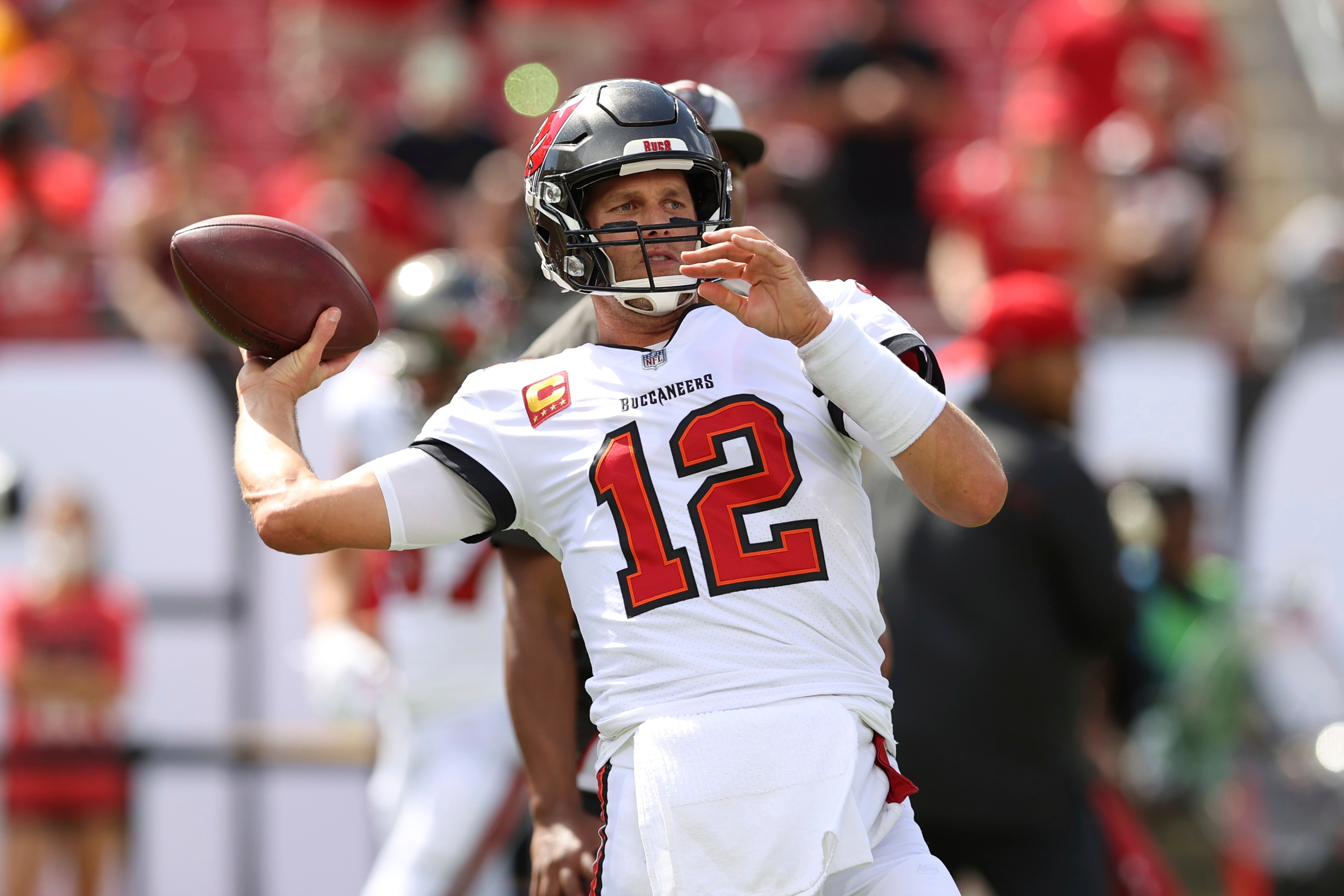 Tampa Bay Buccaneers quarterback Tom Brady (12) throws a pass before an NFL football game against the Atlanta Falcons Sunday, Sept. 19, 2021, in Tampa, Fla. (AP Photo/Mark LoMoglio)