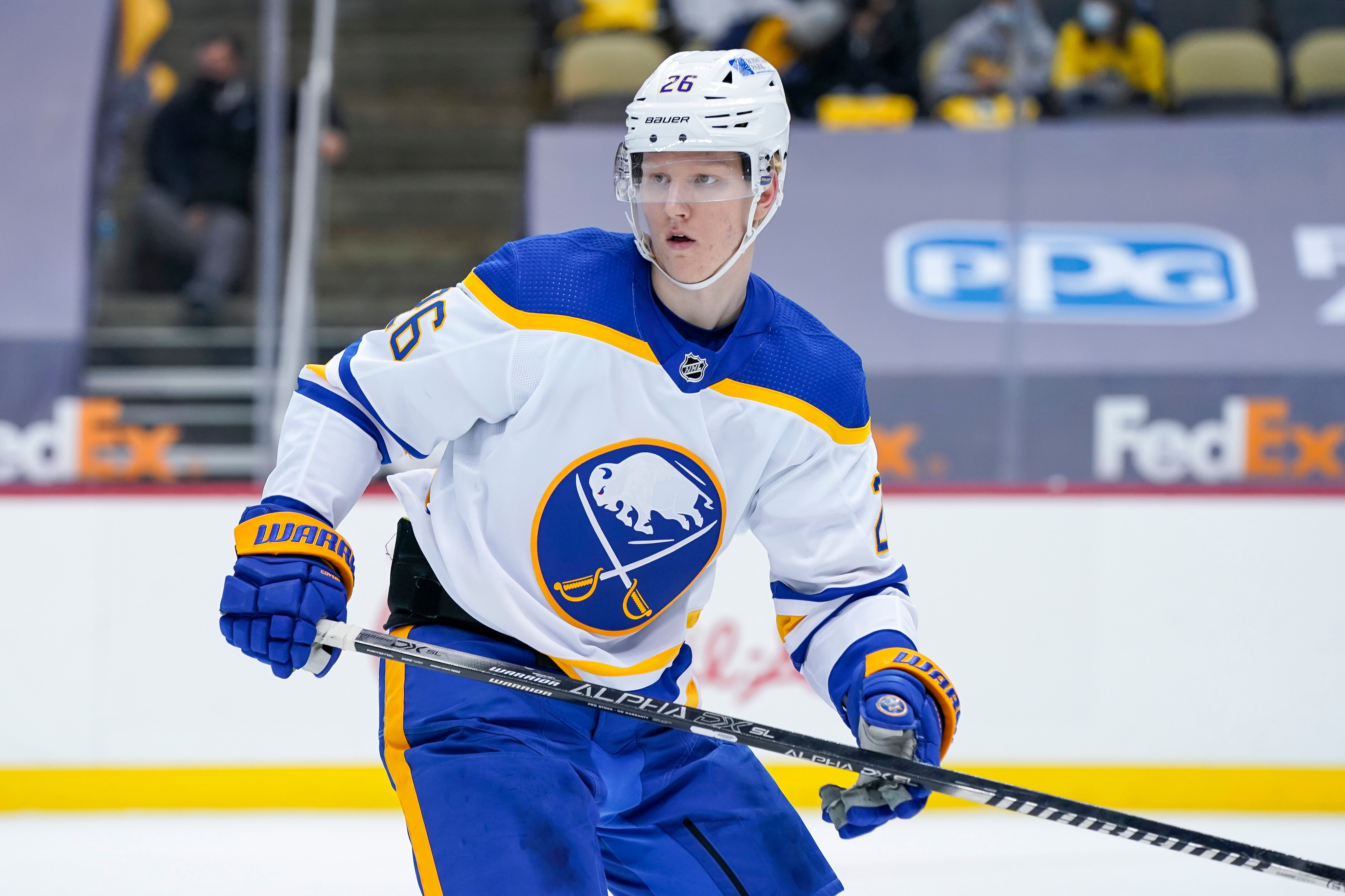 PITTSBURGH, PA - MAY 08: Buffalo Sabres Defenseman Rasmus Dahlin (26) looks on during the third period in the NHL game between the Pittsburgh Penguins and the Buffalo Sabres on May 8, 2021, at PPG Paints Arena in Pittsburgh, PA. (Photo by Jeanine Leech/Icon Sportswire via Getty Images)