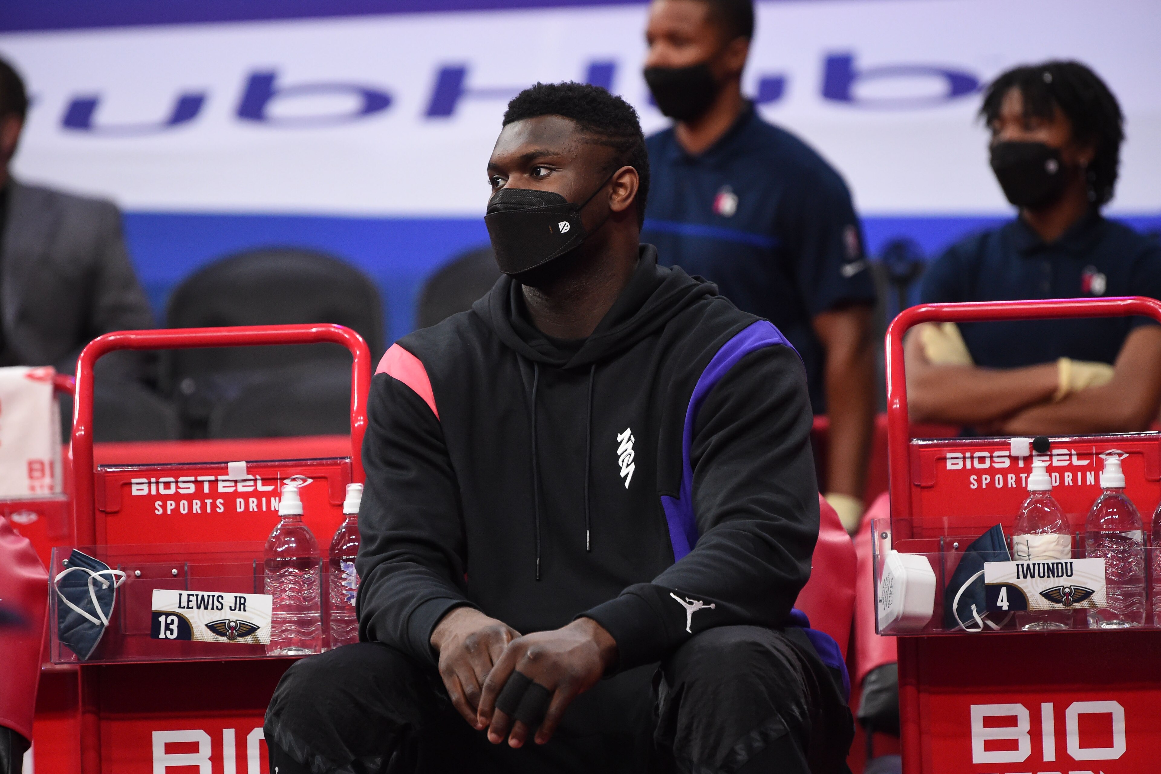 PHILADELPHIA, PA - MAY 7: Zion Williamson #1 of the New Orleans Pelicans looks on during a game against the Philadelphia 76ers on May 7, 2021 at Wells Fargo Center in Philadelphia, Pennsylvania. NOTE TO USER: User expressly acknowledges and agrees that, by downloading and/or using this Photograph, user is consenting to the terms and conditions of the Getty Images License Agreement. Mandatory Copyright Notice: Copyright 2021 NBAE (Photo by David Dow/NBAE via Getty Images)
