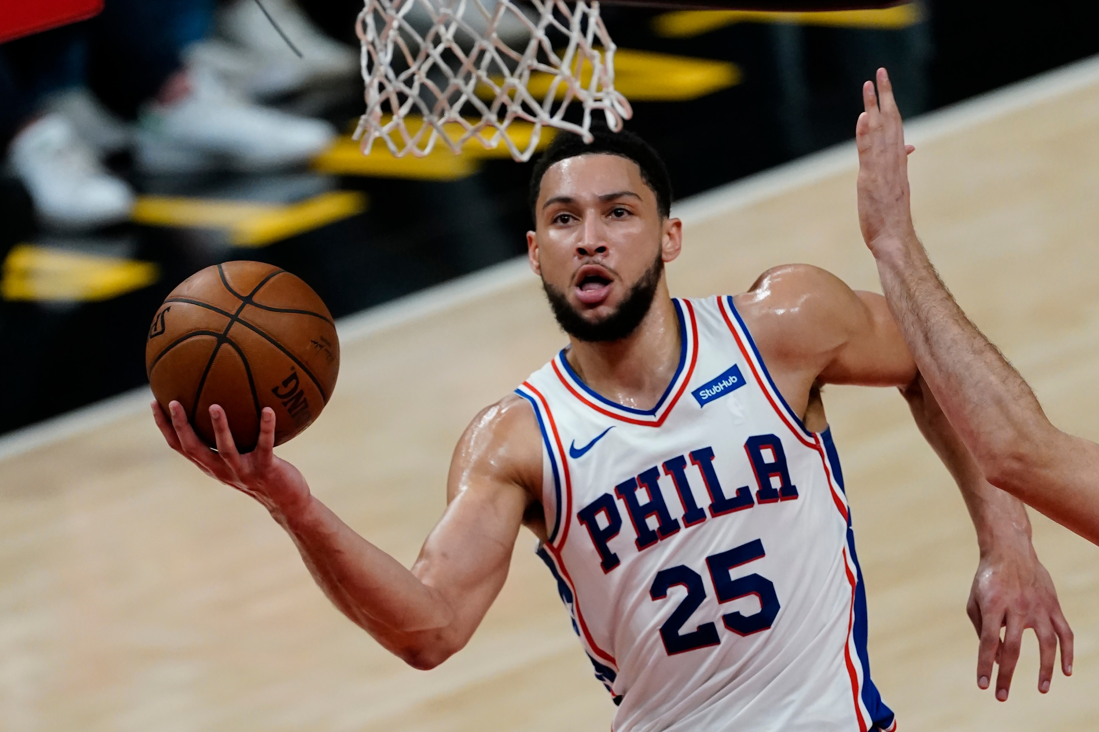 Philadelphia 76ers guard Ben Simmons (25) goes to the basket during their NBA playoff basketball game against the Atlanta Hawks Saturday, June 12, 2021, in Atlanta. (AP Photo/John Bazemore)