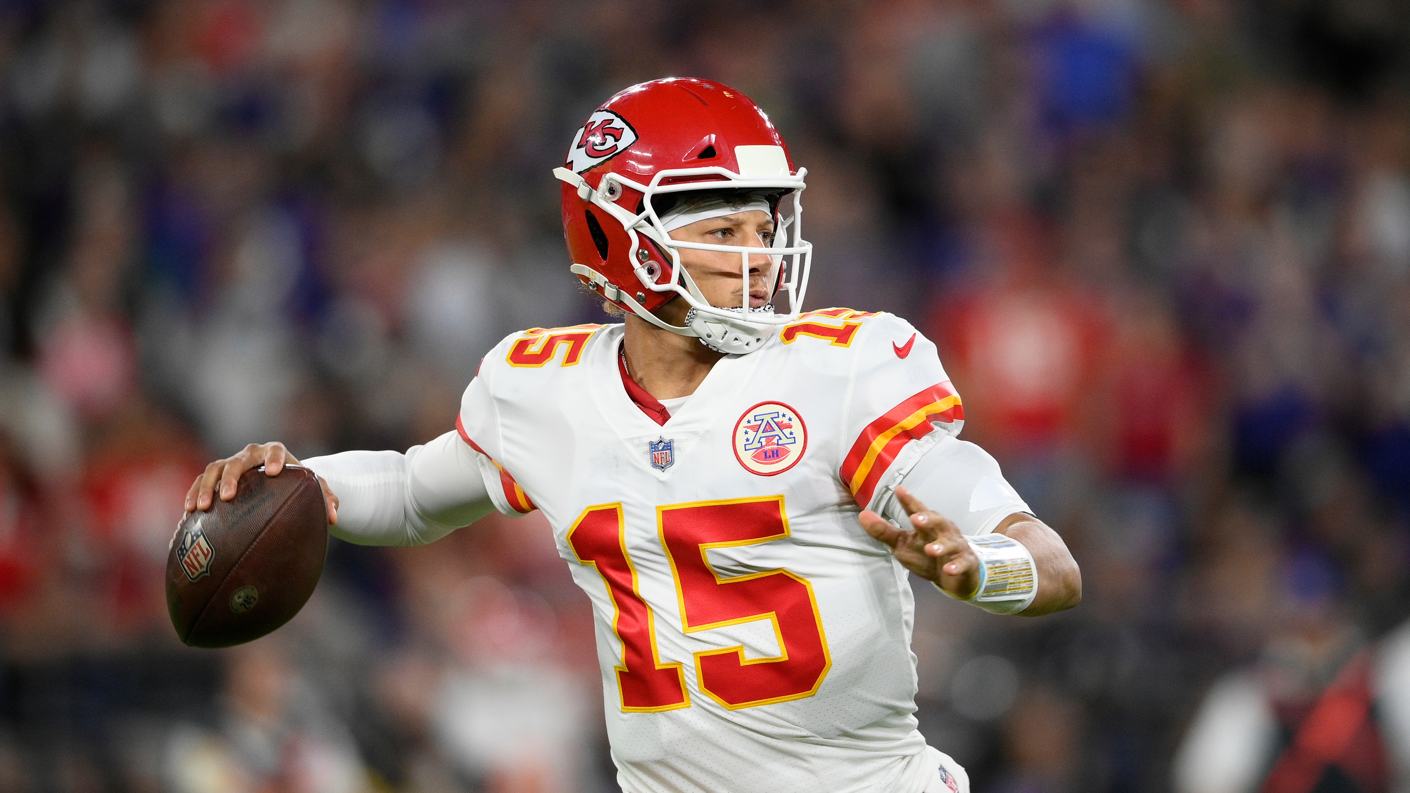 Kansas City Chiefs quarterback Patrick Mahomes throws a pass in the first half of an NFL football game against the Baltimore Ravens, Sunday, Sept. 19, 2021, in Baltimore. (AP Photo/Nick Wass)