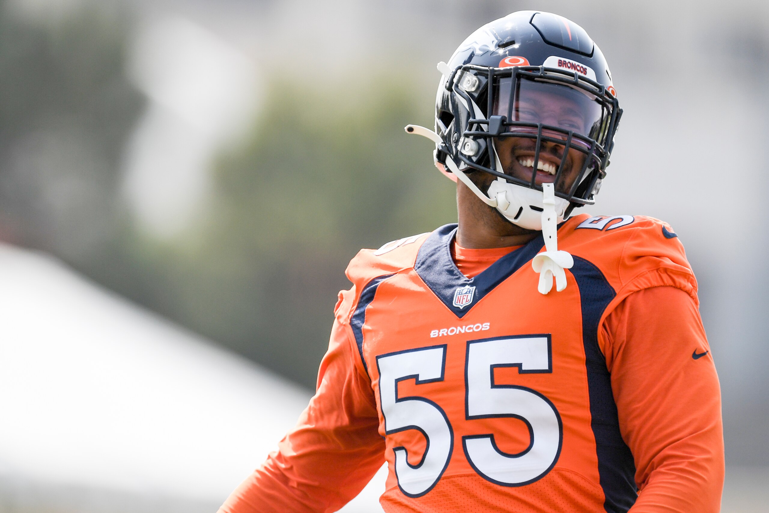 ENGLEWOOD , CO - AUGUST 31: Bradley Chubb (55) of the Denver Broncos laughs as he warms up during practice on Tuesday, August 31, 2021. (Photo by AAron Ontiveroz/MediaNews Group/The Denver Post via Getty Images)