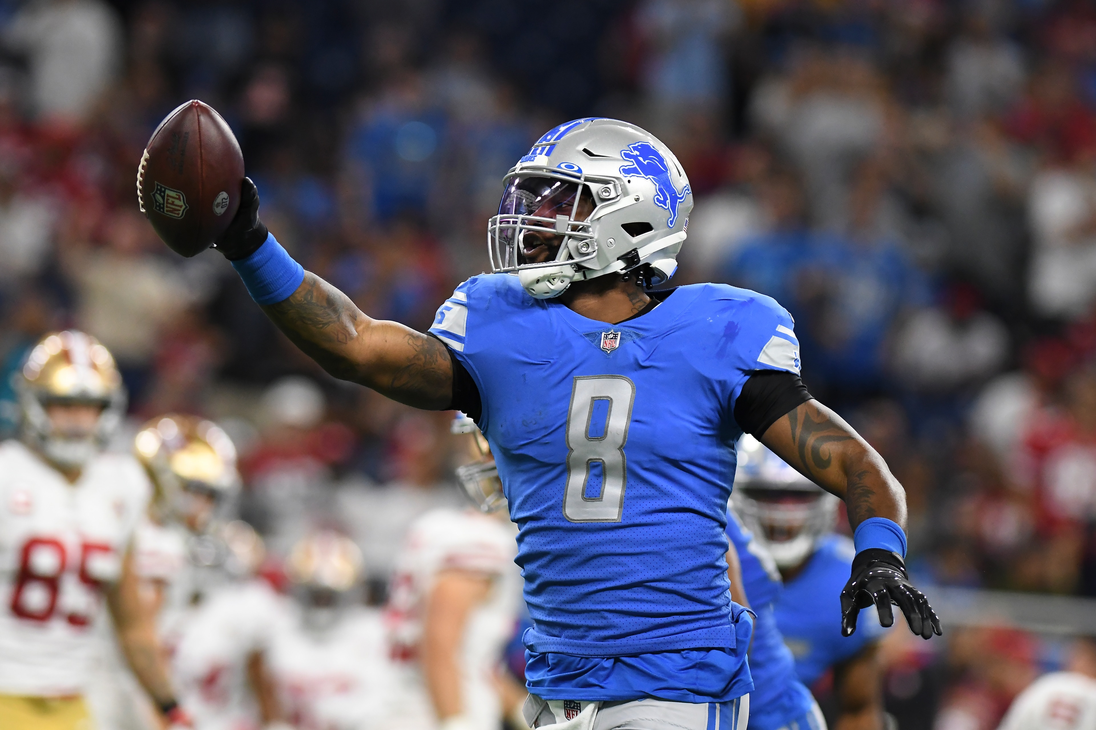 Detroit Lions outside linebacker Jamie Collins (8) reacts to recovering a San Francisco 49ers fumble In the first half of an NFL football game in Detroit, Sunday, Sept. 12, 2021. (AP Photo/Lon Horwedel) Detroit Lions outside linebacker Jamie Collins (8) reacts to recovering a San Francisco 49ers fumble In the first half of an NFL football game in Detroit, Sunday, Sept. 12, 2021. (AP Photo/Lon Horwedel)