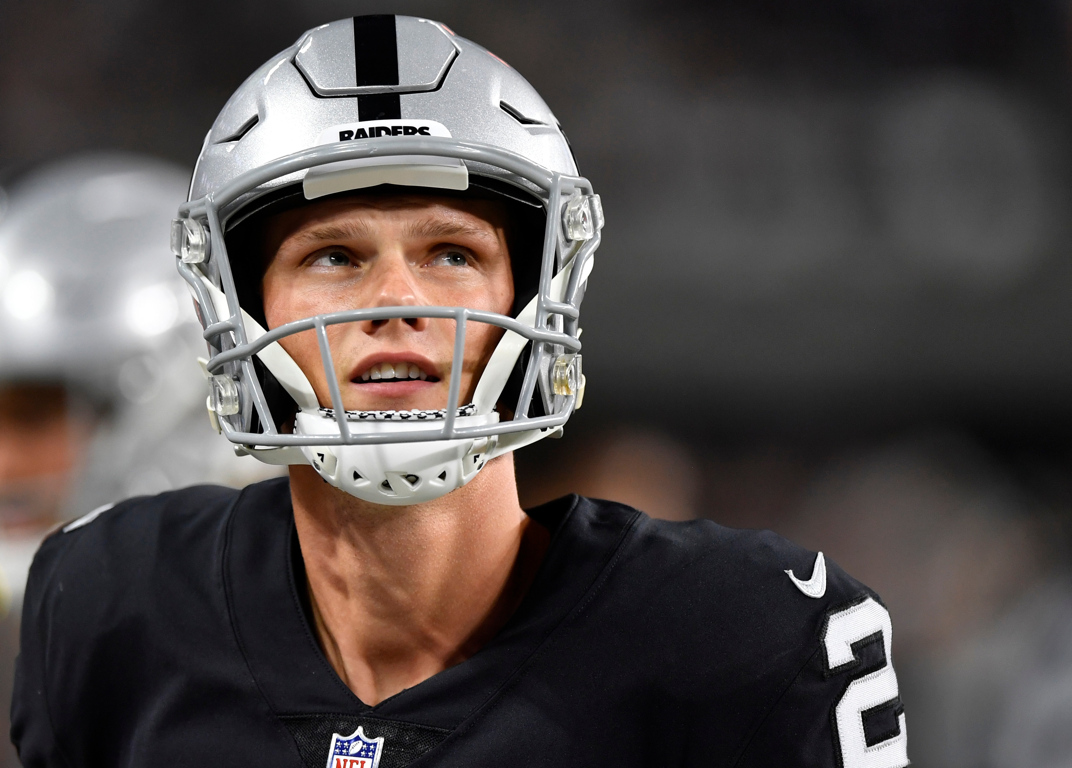 LAS VEGAS, NEVADA - SEPTEMBER 13:  Kicker Daniel Carlson #2 of the Las Vegas Raiders looks on during a game against the Baltimore Ravens at Allegiant Stadium on September 13, 2021 in Las Vegas, Nevada. The Raiders defeated the Ravens 33-27 in overtime. (Photo by Chris Unger/Getty Images)