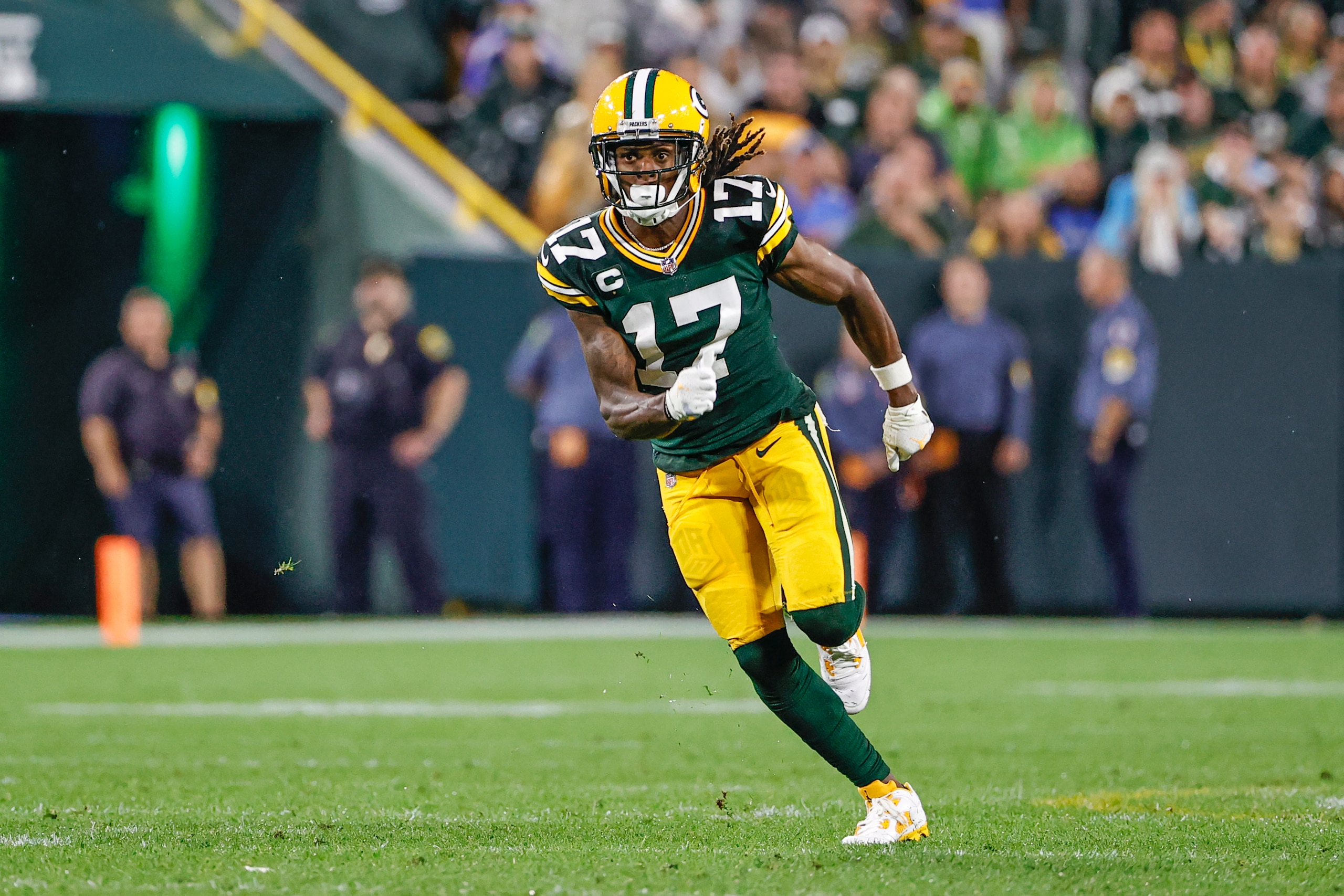 Green Bay Packers wide receiver Davante Adams (17) in action during the second half of an NFL football game against the Detroit Lions, Monday, Sept. 20, 2021, in Green Bay, Wis. (AP Photo/Kamil Krzaczynski)