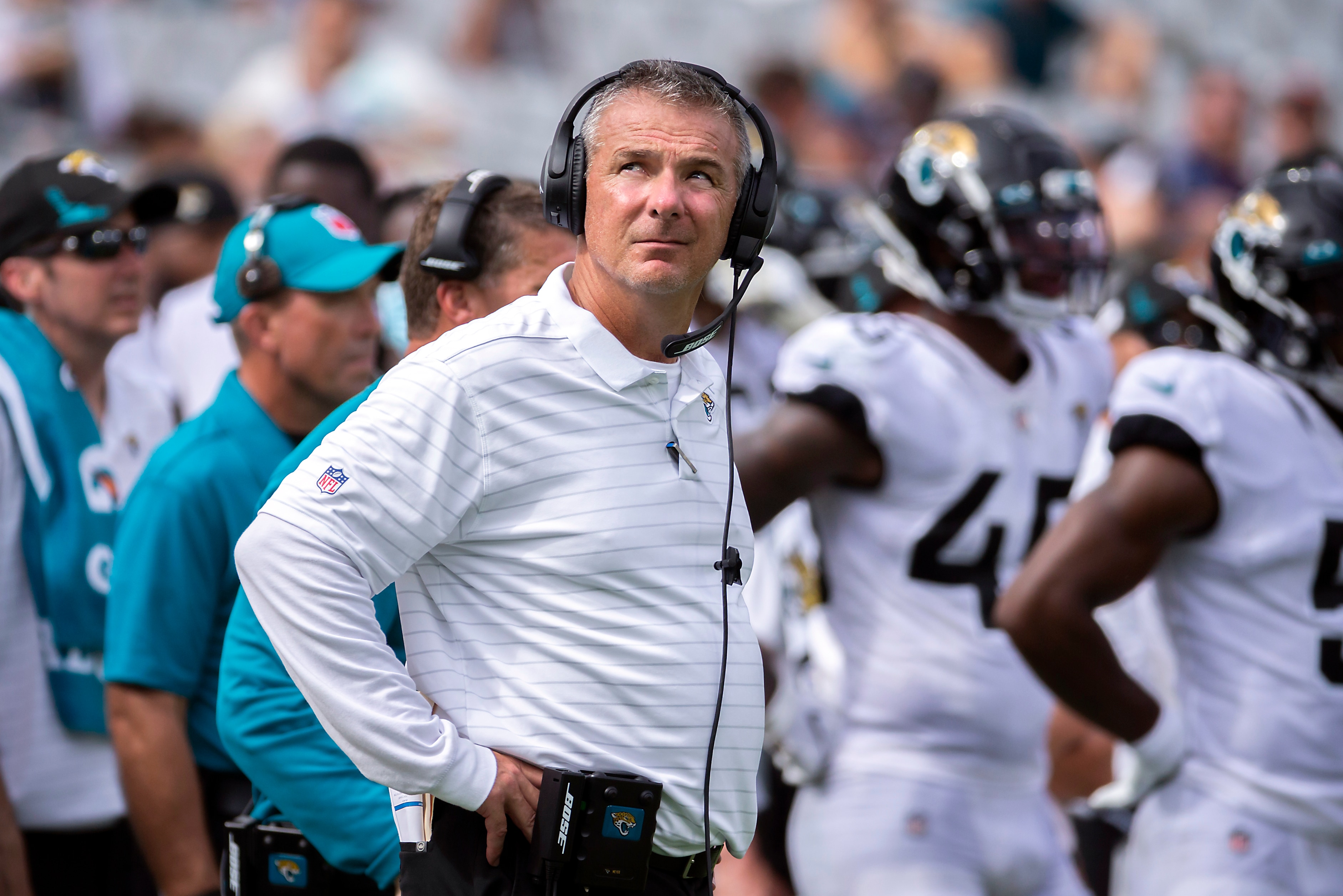 Jacksonville Jaguars head coach Urban Meyer watches a play on the video monitor during the second half of an NFL football game against the Denver Broncos, Sunday, Sept. 19, 2021, in Jacksonville, Fla. (AP Photo/Stephen B. Morton)