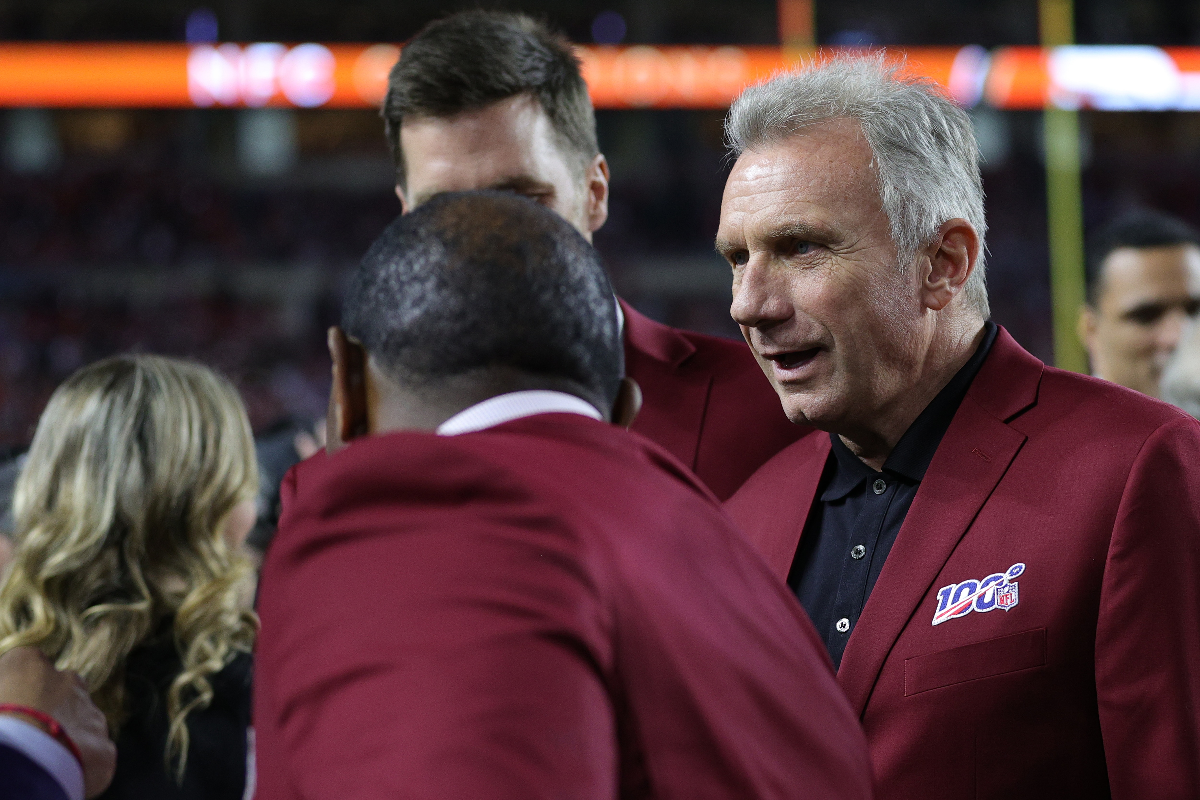 MIAMI, FLORIDA - FEBRUARY 02: Joe Montana of the NLF 100 All-Time Team is honored on the field prior to Super Bowl LIV between the San Francisco 49ers and the Kansas City Chiefs at Hard Rock Stadium on February 02, 2020 in Miami, Florida. (Photo by Maddie Meyer/Getty Images)