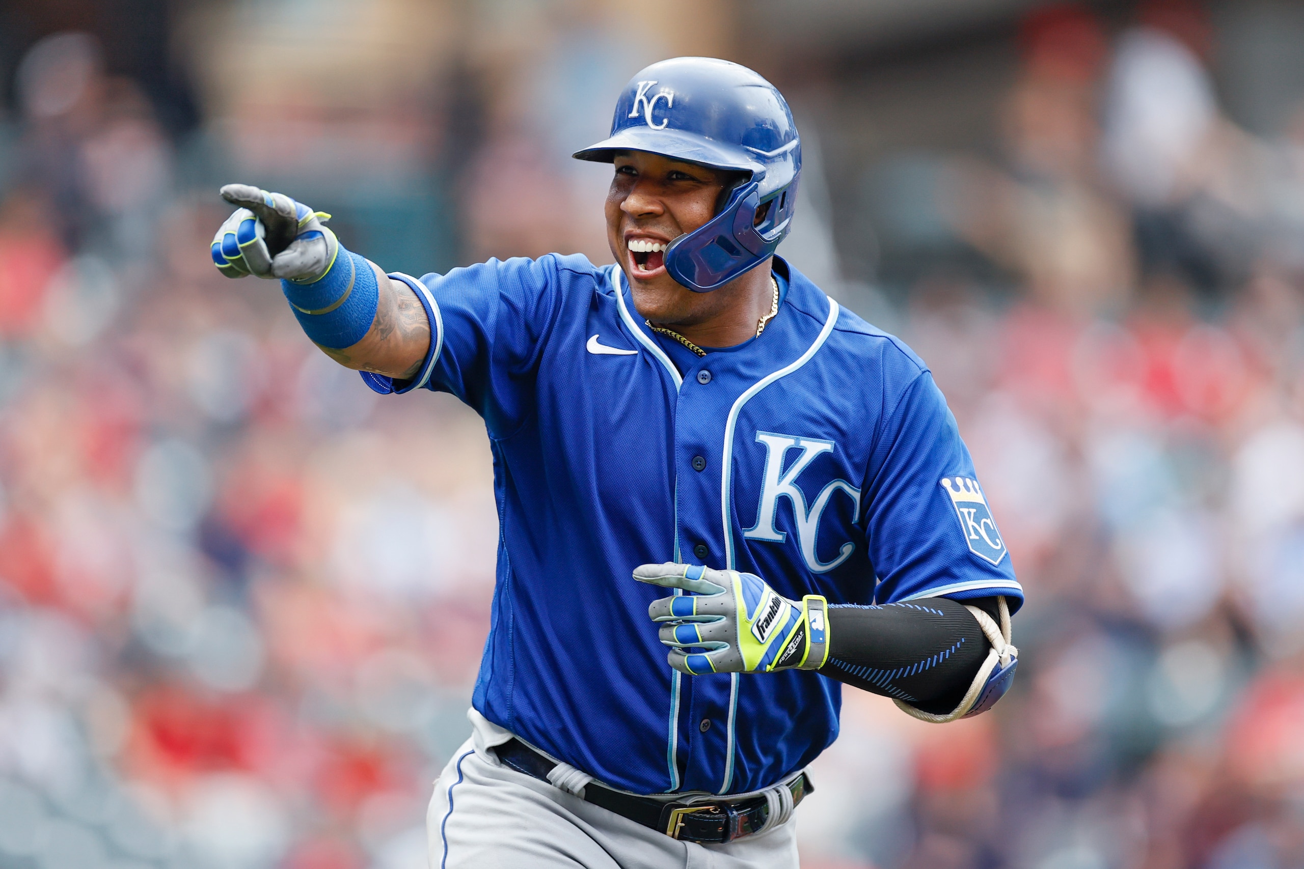 CLEVELAND, OH - SEPTEMBER 20: Salvador Perez #13 of the Kansas City Royals celebrates after hitting a two run home run off Triston McKenzie #24 of the Cleveland Indians in the fifth inning during game one of a doubleheader at Progressive Field on September 20, 2021 in Cleveland, Ohio. Perez hit his 46th home run off the season setting a record for home runs by a catcher.(Photo by Ron Schwane/Getty Images)