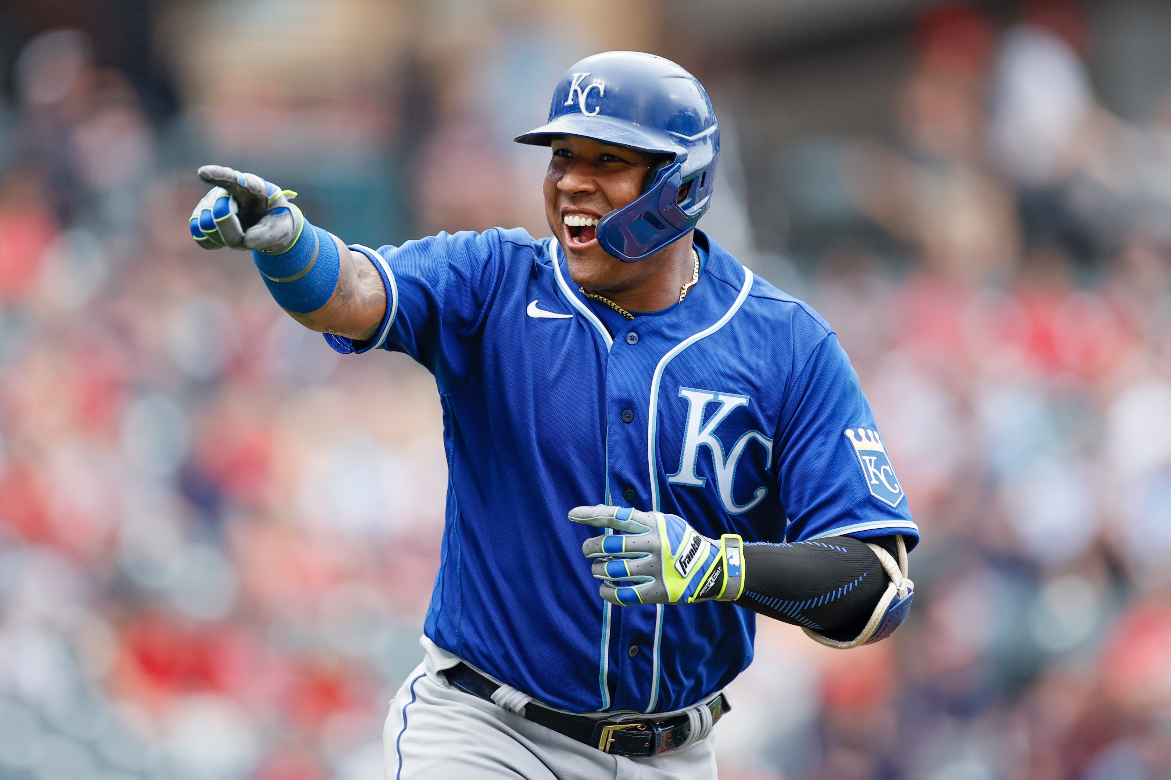 CLEVELAND, OH - SEPTEMBER 20: Salvador Perez #13 of the Kansas City Royals celebrates after hitting a two run home run off Triston McKenzie #24 of the Cleveland Indians in the fifth inning during game one of a doubleheader at Progressive Field on September 20, 2021 in Cleveland, Ohio. Perez hit his 46th home run off the season setting a record for home runs by a catcher.(Photo by Ron Schwane/Getty Images)