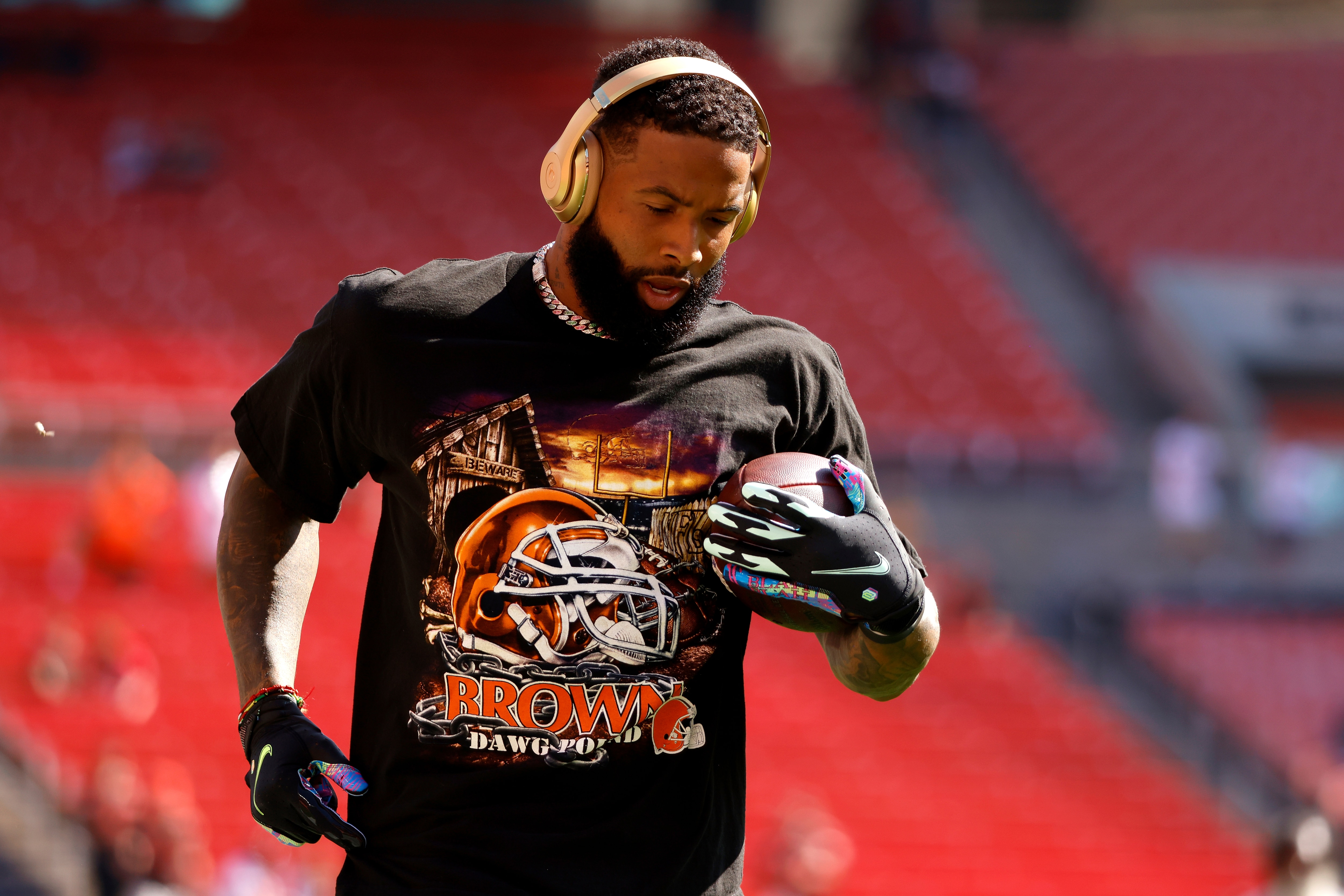 Cleveland Browns wide receiver Odell Beckham Jr. (13) warms up prior to the start of an NFL football game against the Houston Texans, Sunday, Sept. 19, 2021, in Cleveland. (AP Photo/Kirk Irwin)