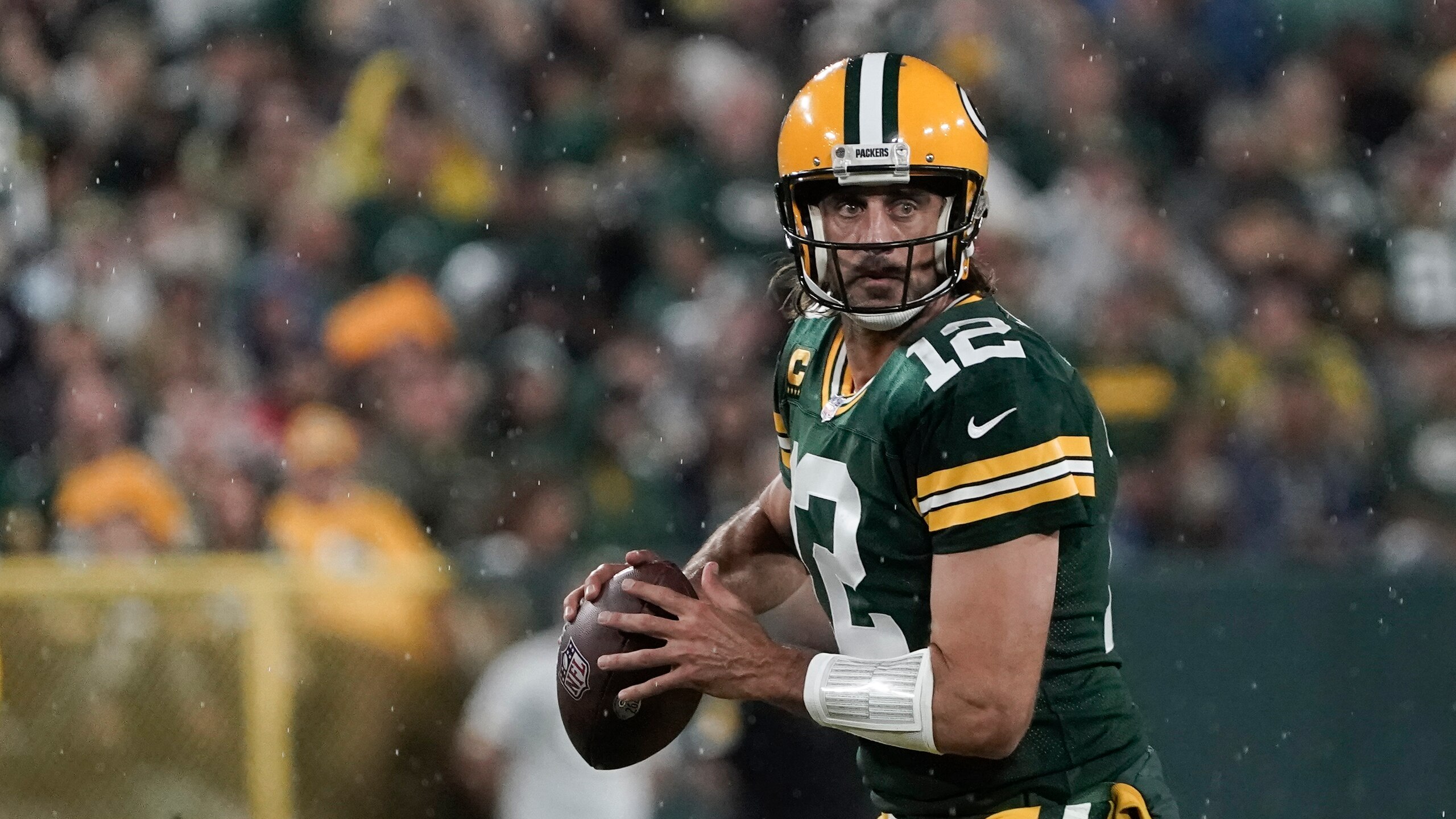 Green Bay Packers' Aaron Rodgers during the second half of an NFL football game against the Detroit Lions Monday, Sept. 20, 2021, in Green Bay, Wis. (AP Photo/Morry Gash)