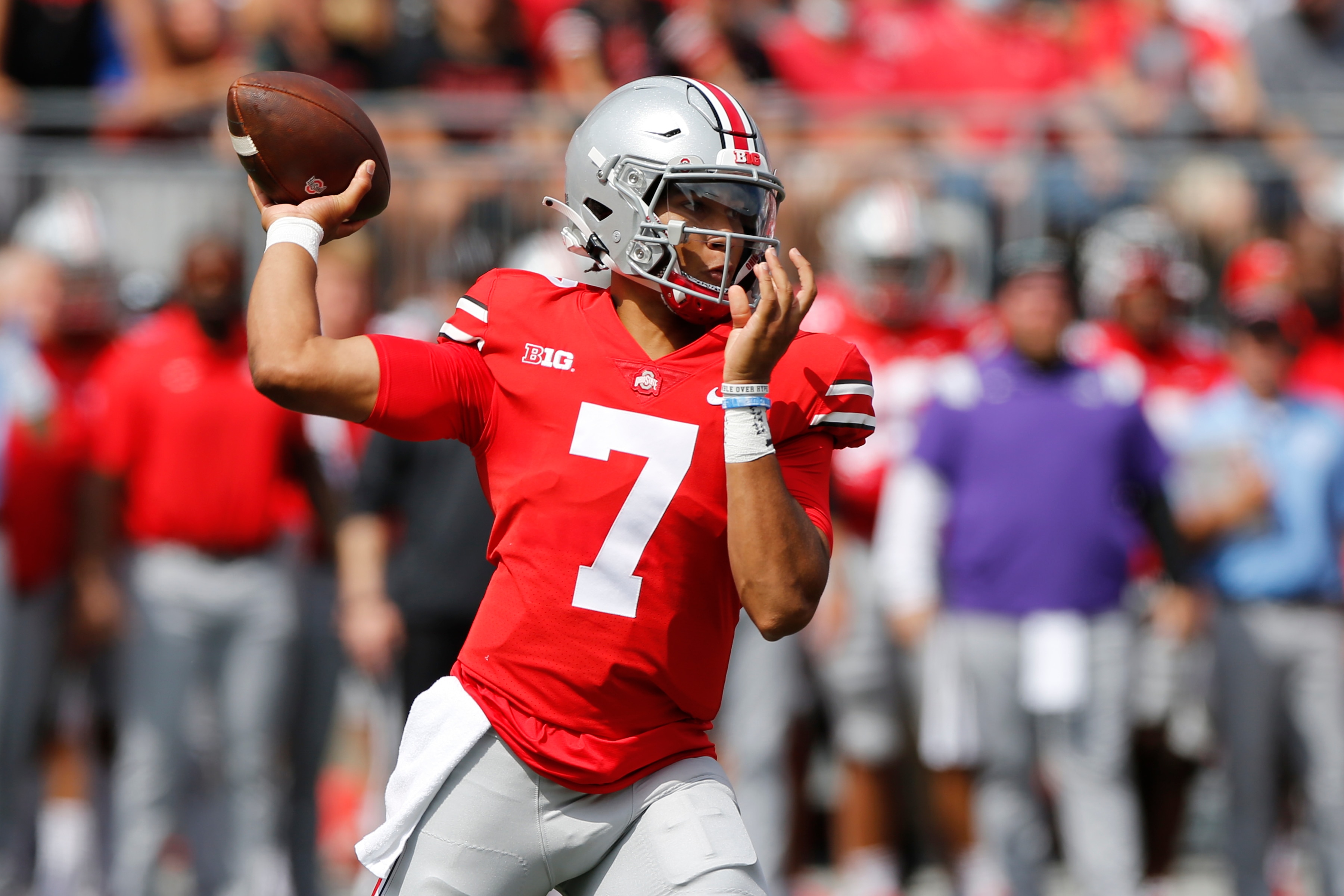Ohio State quarterback C.J. Stroud plays against Oregon during an NCAA college football game Saturday, Sept. 11, 2021, in Columbus, Ohio. (AP Photo/Jay LaPrete)