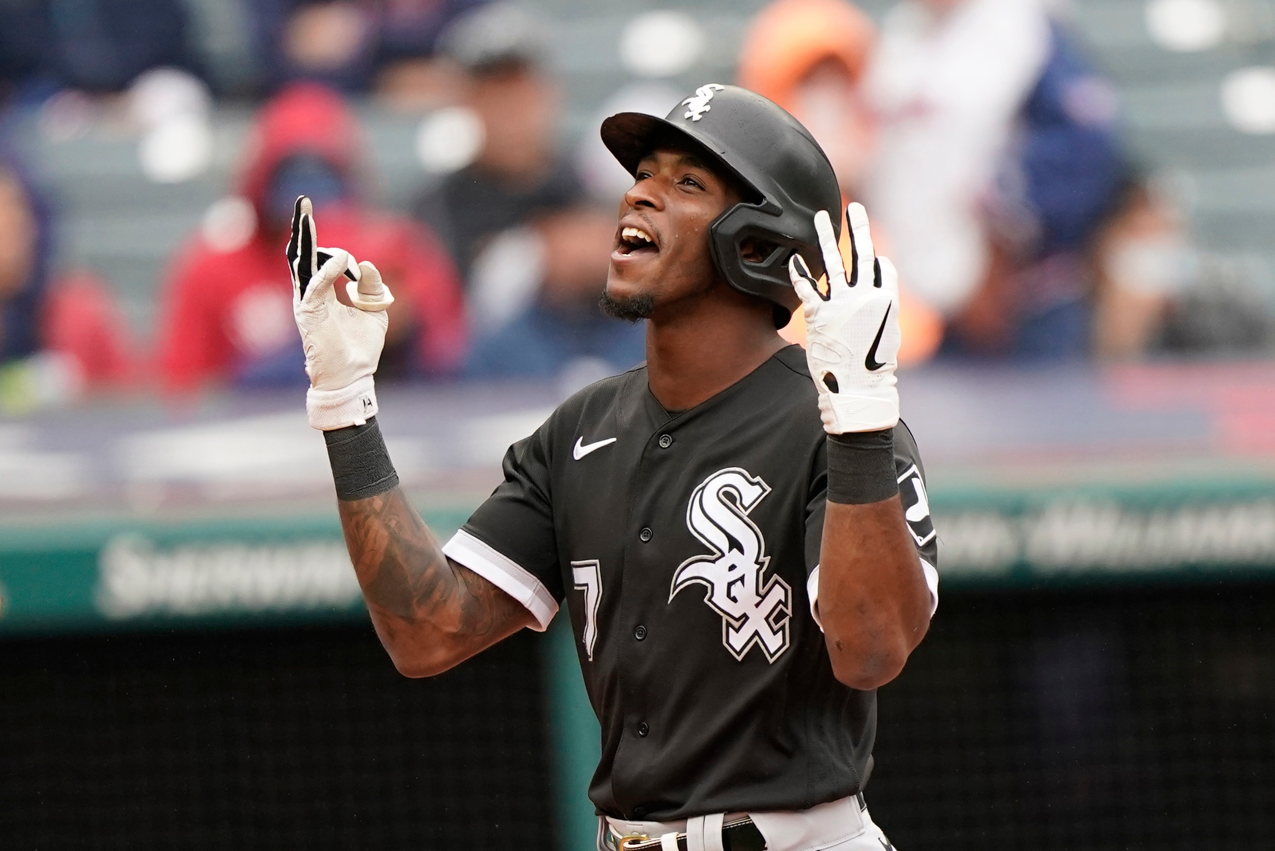 Chicago White Sox's Tim Anderson celebrates after hitting a three-run home run in the second inning in the first baseball game of a doubleheader against the Cleveland Indians, Thursday, Sept. 23, 2021, in Cleveland. (AP Photo/Tony Dejak)