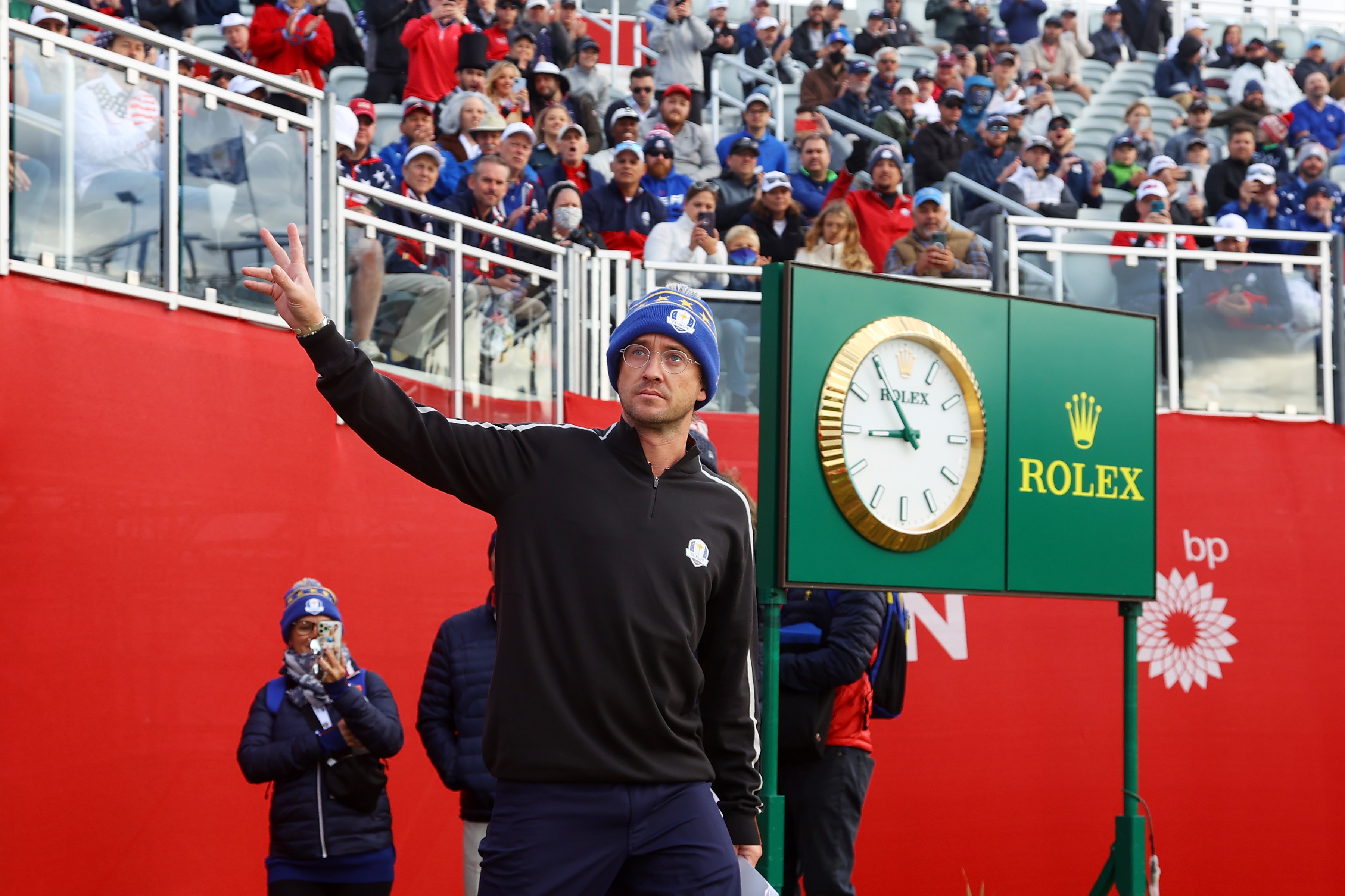 KOHLER, WISCONSIN - SEPTEMBER 23: Tom Felton is introduced during the celebrity matches ahead of the 43rd Ryder Cup at Whistling Straits on September 23, 2021 in Kohler, Wisconsin. (Photo by Andrew Redington/Getty Images)