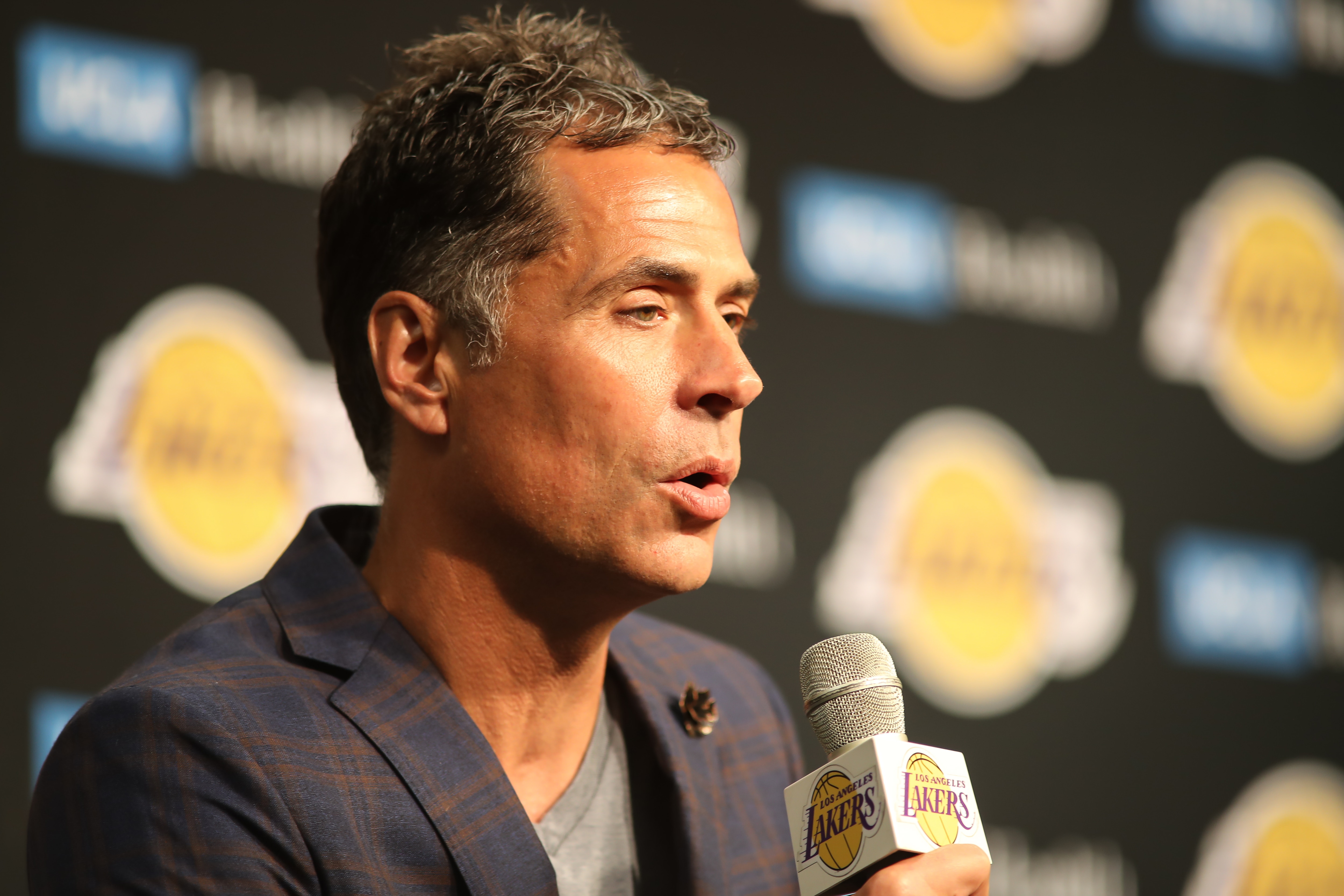 LOS ANGELES, CA - AUGUST 10: Los Angeles Lakers General Manager Rob Pelinka during the Los Angeles Lakers Introductory press conference for Russell Westbrook on August 10, 2021, at Staples Center in Los Angeles, CA. (Photo by Jevone Moore/Icon Sportswire via Getty Images)