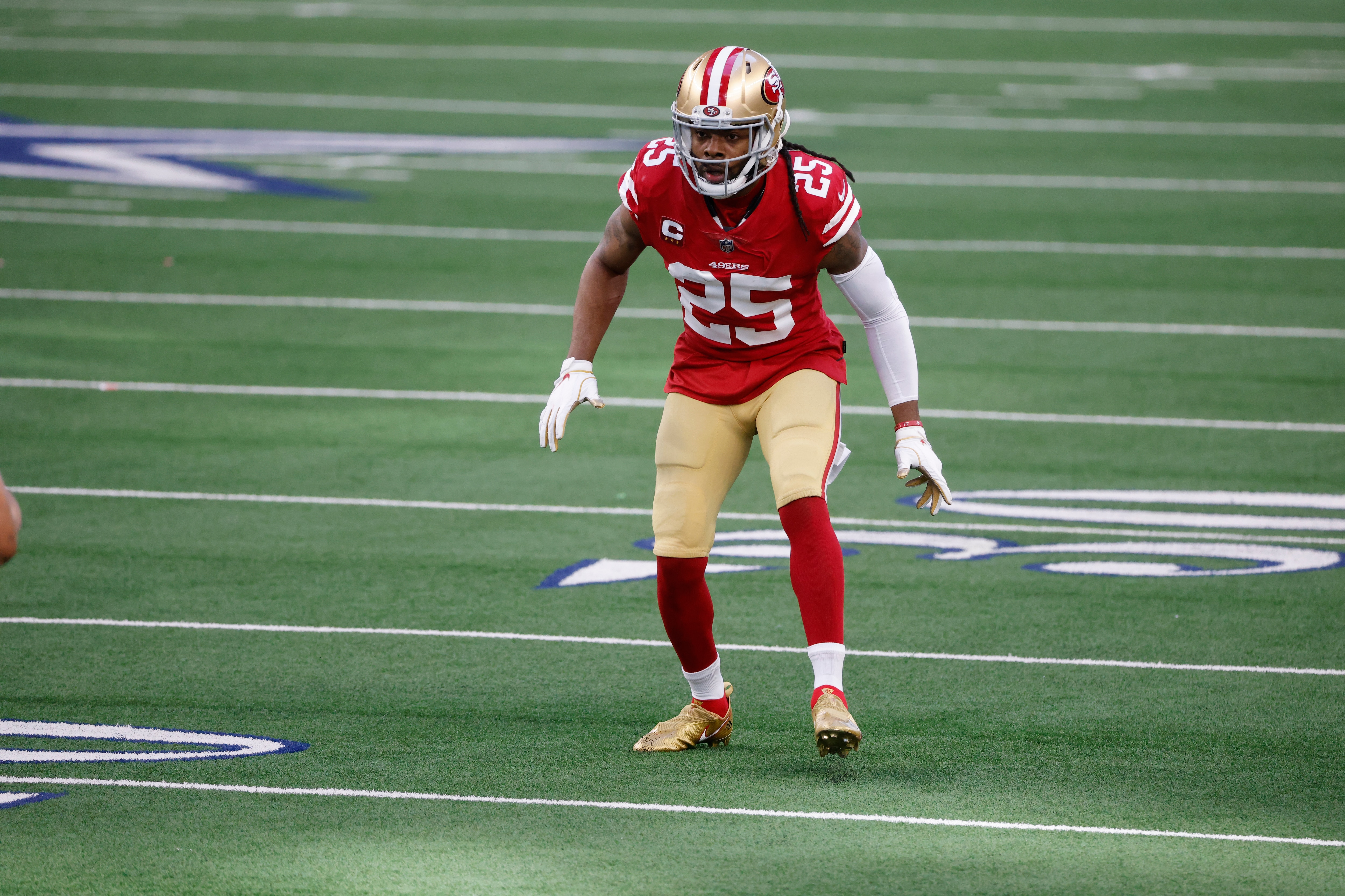 San Francisco 49ers cornerback Richard Sherman (25) defends against the Dallas Cowboys during an NFL football game in Arlington, Texas, Sunday, Dec. 20, 2020. (AP Photo/Michael Ainsworth)