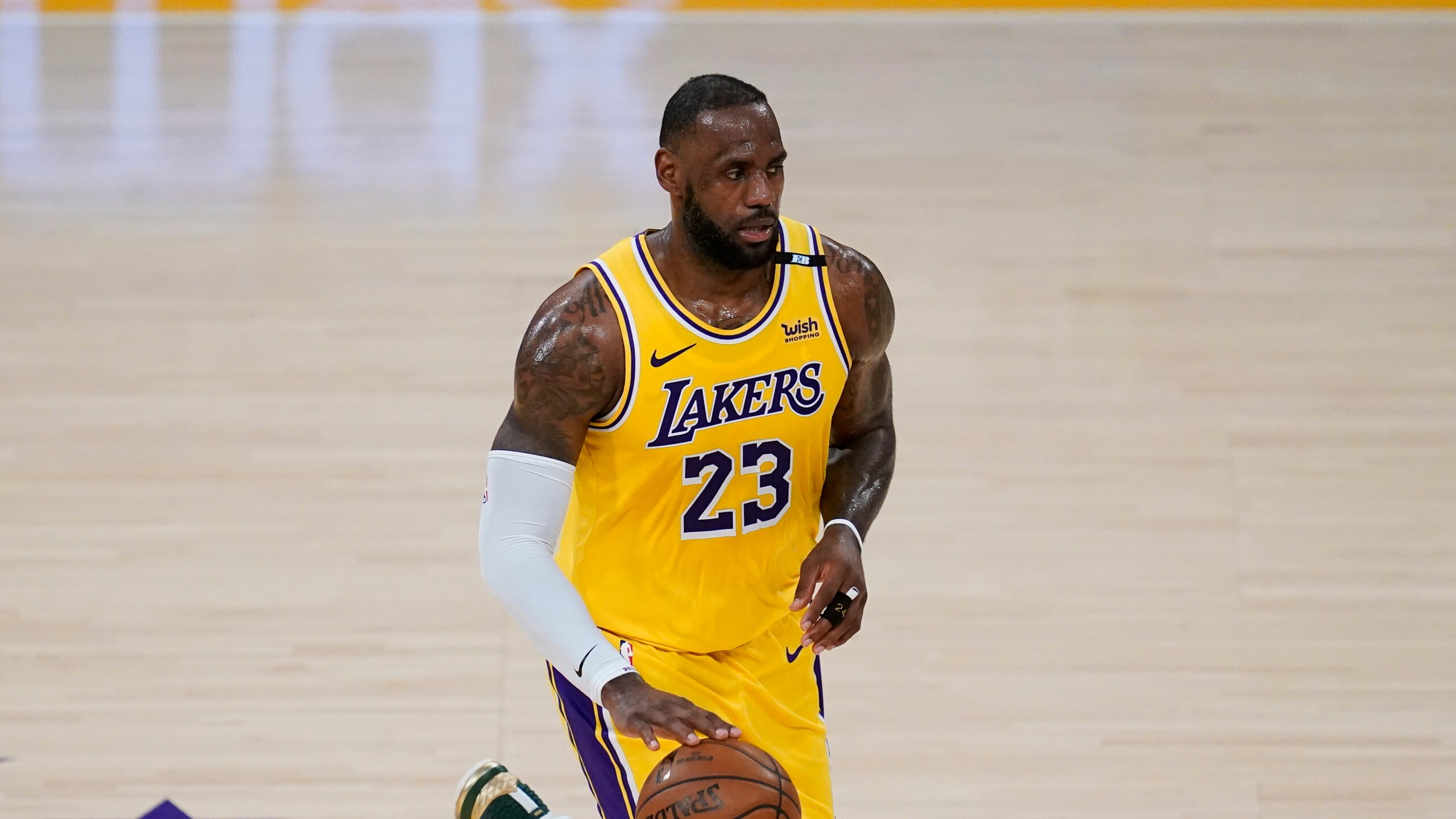 Los Angeles Lakers forward LeBron James (23) controls the ball during Game 6 of an NBA basketball first-round playoff series against the Phoenix Suns Thursday, Jun 3, 2021, in Los Angeles. (AP Photo/Ashley Landis) Los Angeles Lakers forward LeBron James (23) controls the ball during Game 6 of an NBA basketball first-round playoff series against the Phoenix Suns Thursday, Jun 3, 2021, in Los Angeles. (AP Photo/Ashley Landis)