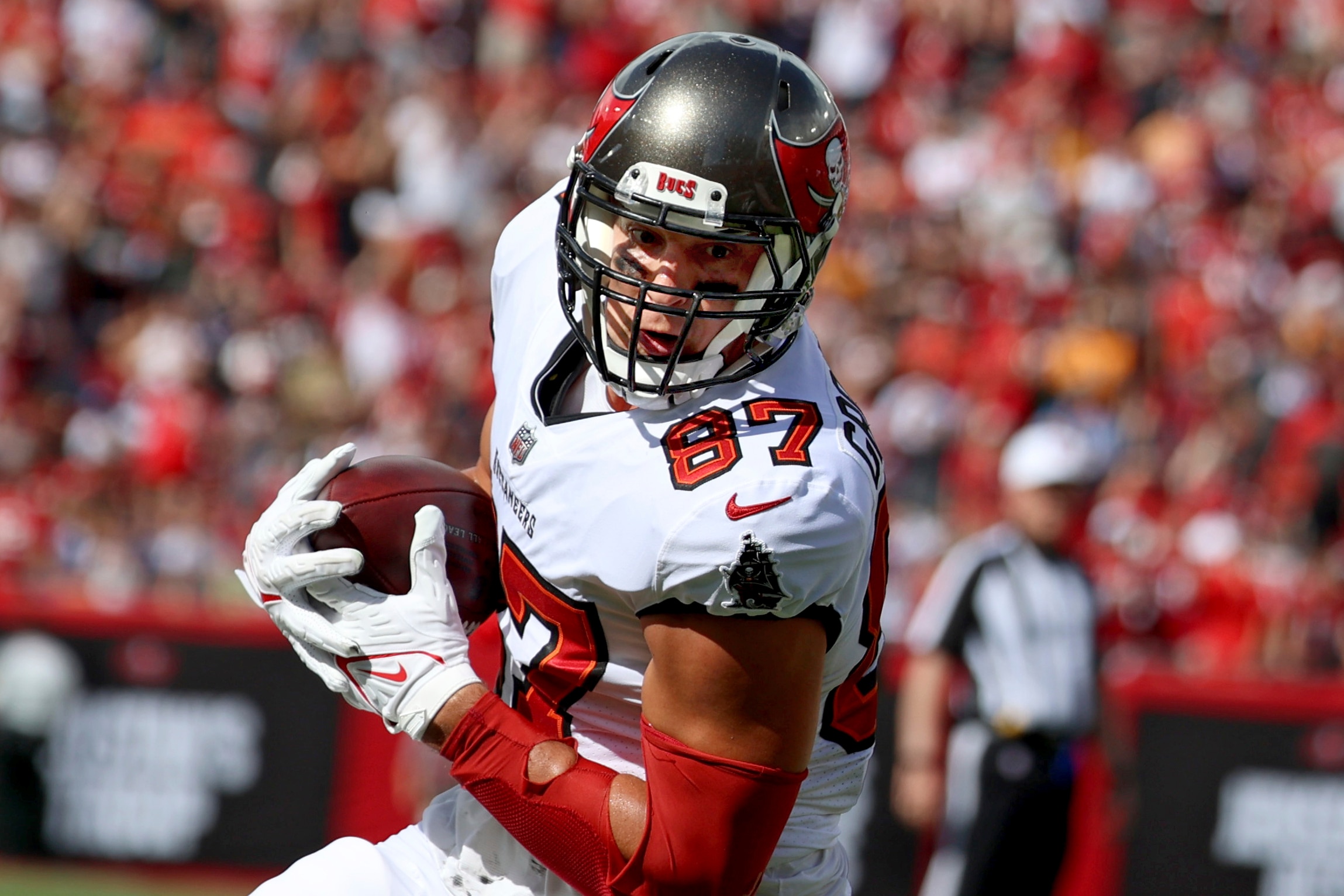 Tampa Bay Buccaneers tight end Rob Gronkowski (87) makes a catch during an NFL football game against the Atlanta Falcons, Sunday, Sept 19, 2021 in Tampa, Fla. (AP Photo/Don Montague)