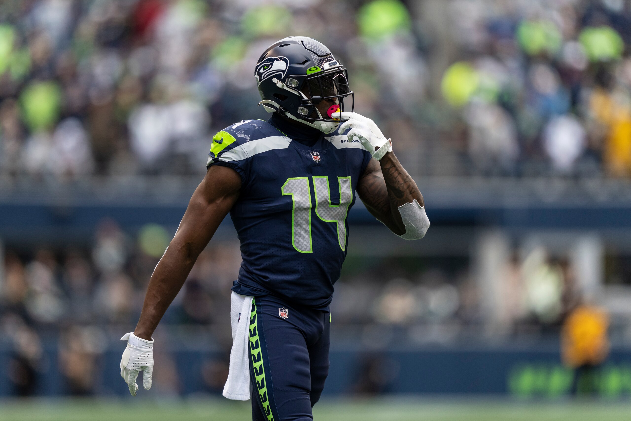 Seattle Seahawks wide receiver DK Metcalf is pictured during the second half of an NFL football game against the Tennessee Titans, Sunday Sept. 19, 2021, in Seattle. The Titans won 33-30 in overtime. (AP Photo/Stephen Brashear) Seattle Seahawks wide receiver DK Metcalf is pictured during the second half of an NFL football game against the Tennessee Titans, Sunday Sept. 19, 2021, in Seattle. The Titans won 33-30 in overtime. (AP Photo/Stephen Brashear)