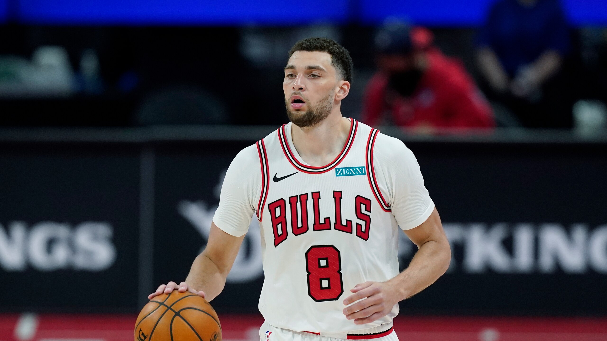 Chicago Bulls guard Zach LaVine plays during the first half of an NBA basketball game, Sunday, May 9, 2021, in Detroit. (AP Photo/Carlos Osorio)