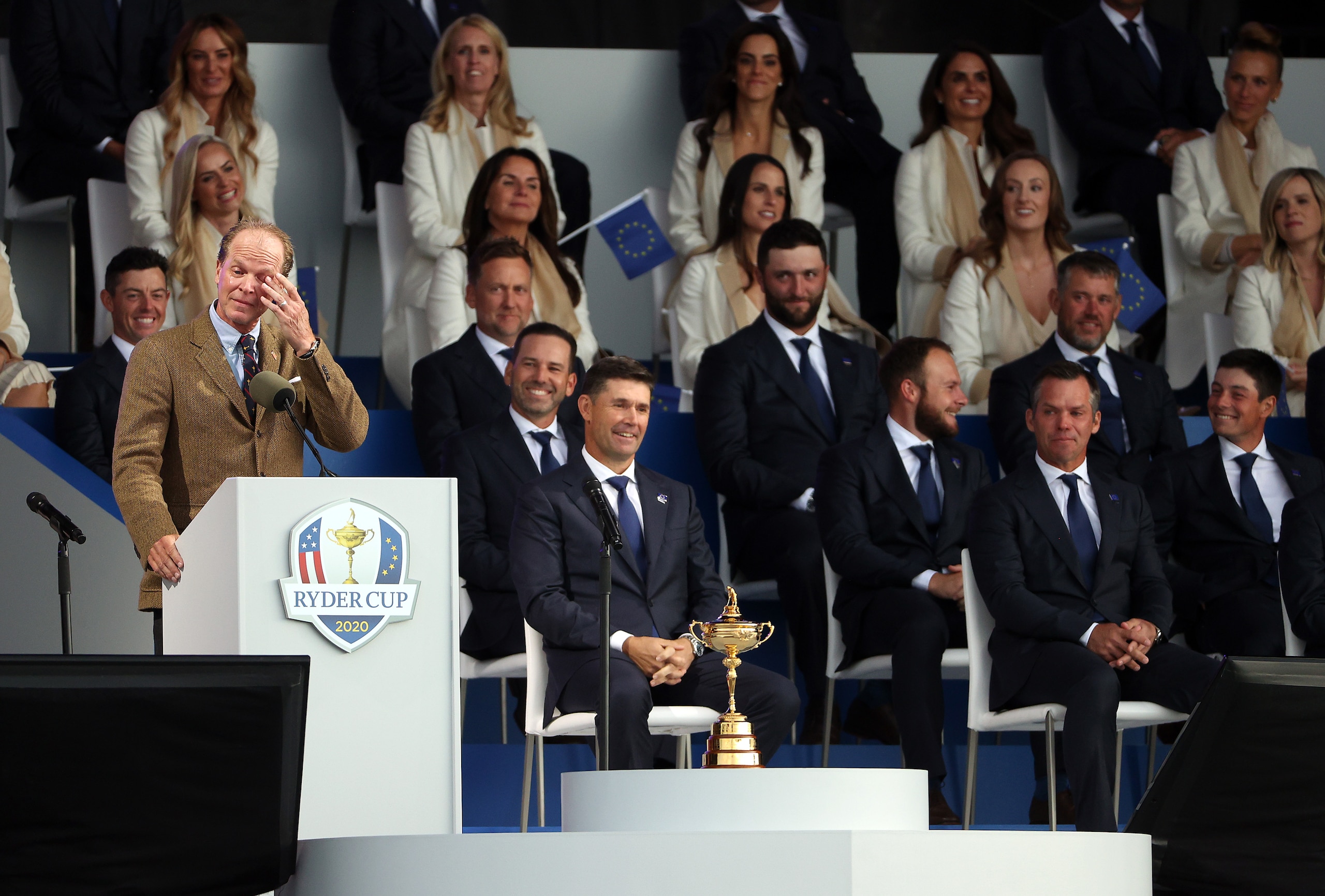 KOHLER, WISCONSIN - SEPTEMBER 23: Captain Steve Stricker of team United States speaks during the opening ceremony for the 43rd Ryder Cup at Whistling Straits on September 23, 2021 in Kohler, Wisconsin. (Photo by Patrick Smith/Getty Images)