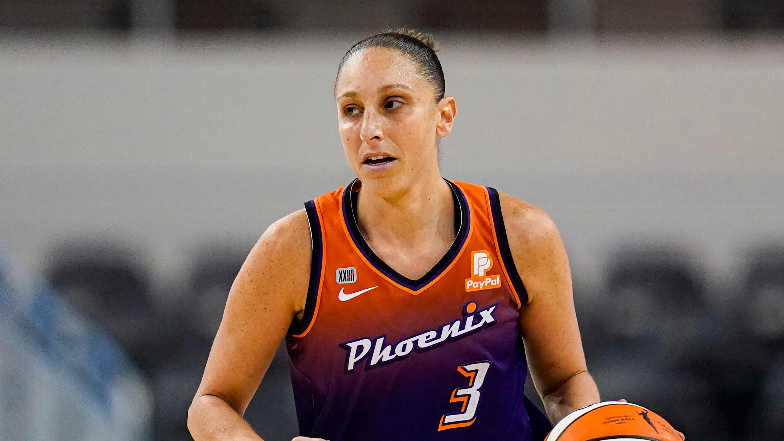 Phoenix Mercury guard Diana Taurasi (3) plays against the Indiana Fever in the first half of a WNBA basketball game in Indianapolis, Monday, Sept. 6, 2021. (AP Photo/Michael Conroy)
