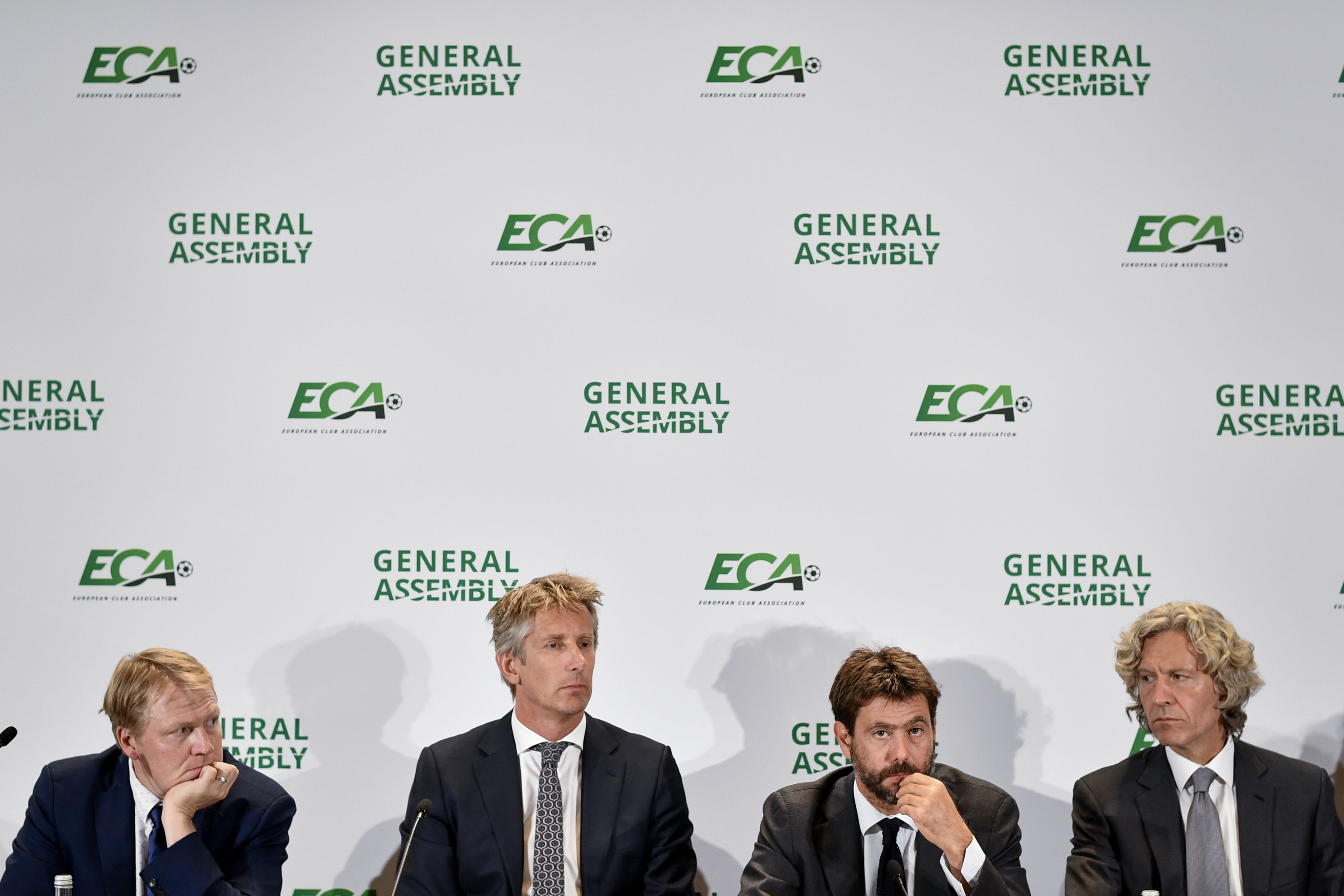 (From L) Vice-chairmen of the European Club Association (ECA) Aki Riihilahti, Edwin Van der Sar, chairman Andrea Agnelli and vice-chairman Dariusz Mioduski attends a press conference closing a general assembly on September 10, 2019 in Geneva. (Photo by FABRICE COFFRINI / AFP)        (Photo credit should read FABRICE COFFRINI/AFP via Getty Images)
