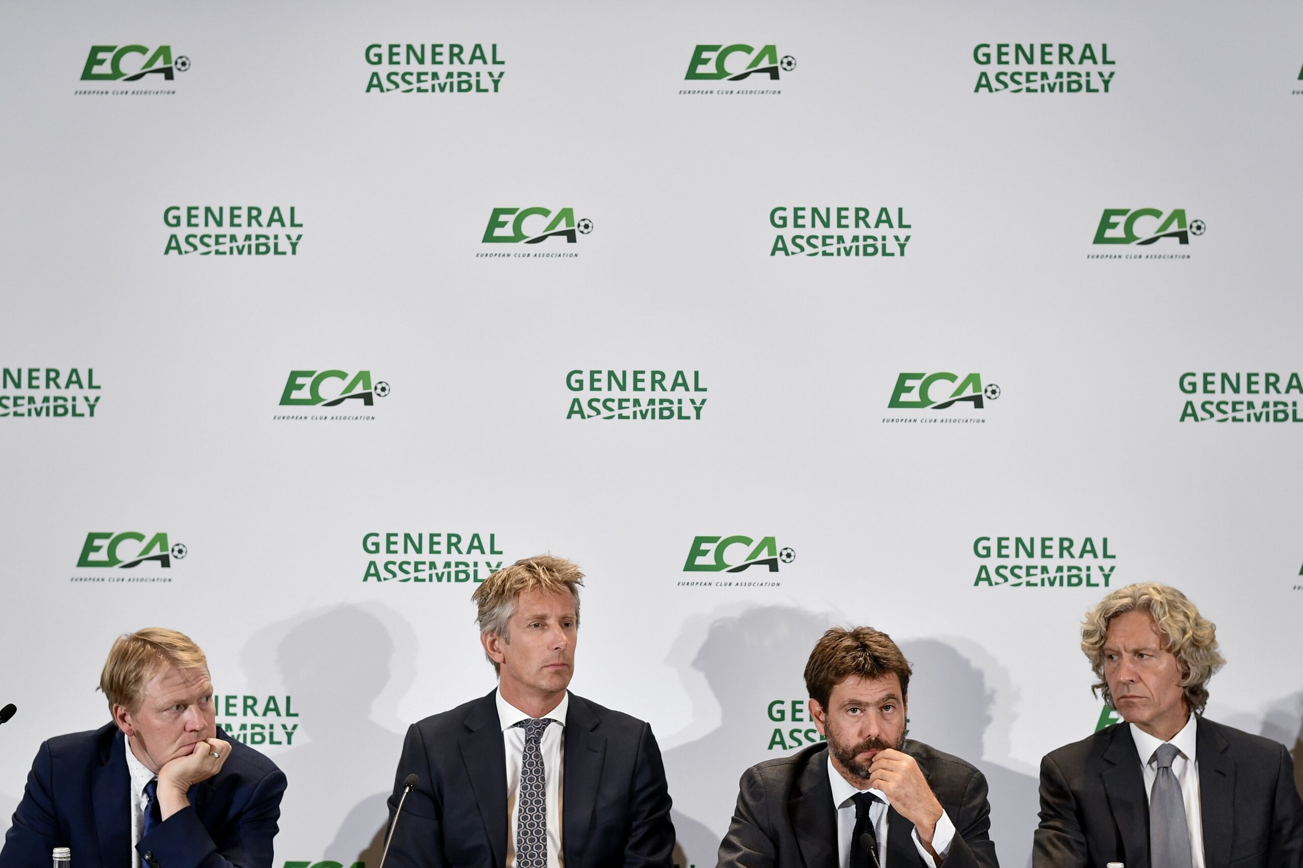 (From L) Vice-chairmen of the European Club Association (ECA) Aki Riihilahti, Edwin Van der Sar, chairman Andrea Agnelli and vice-chairman Dariusz Mioduski attends a press conference closing a general assembly on September 10, 2019 in Geneva. (Photo by FABRICE COFFRINI / AFP)        (Photo credit should read FABRICE COFFRINI/AFP via Getty Images)