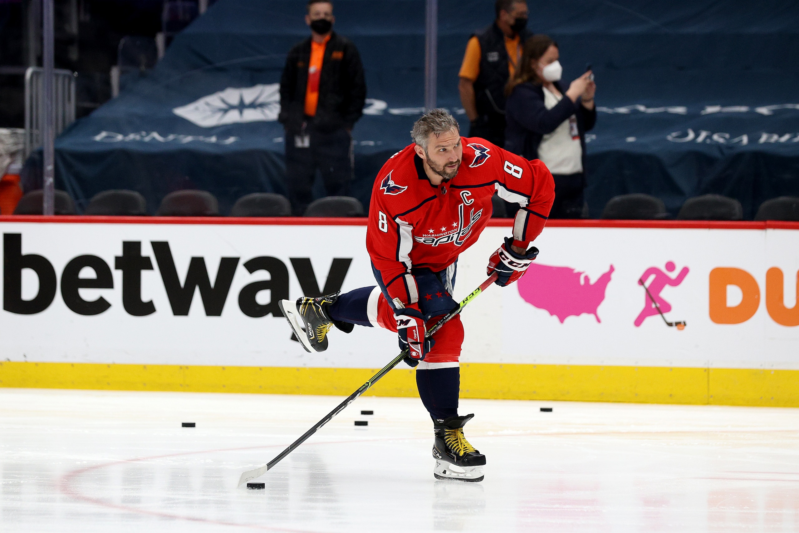 WASHINGTON, DC - MAY 23: Alex Ovechkin #8 of the Washington Capitals warms up before Game Five of the 2021 Stanley Cup Playoffs against the Boston Bruins at Capital One Arena on May 23, 2021 in Washington, DC. (Photo by Rob Carr/Getty Images)