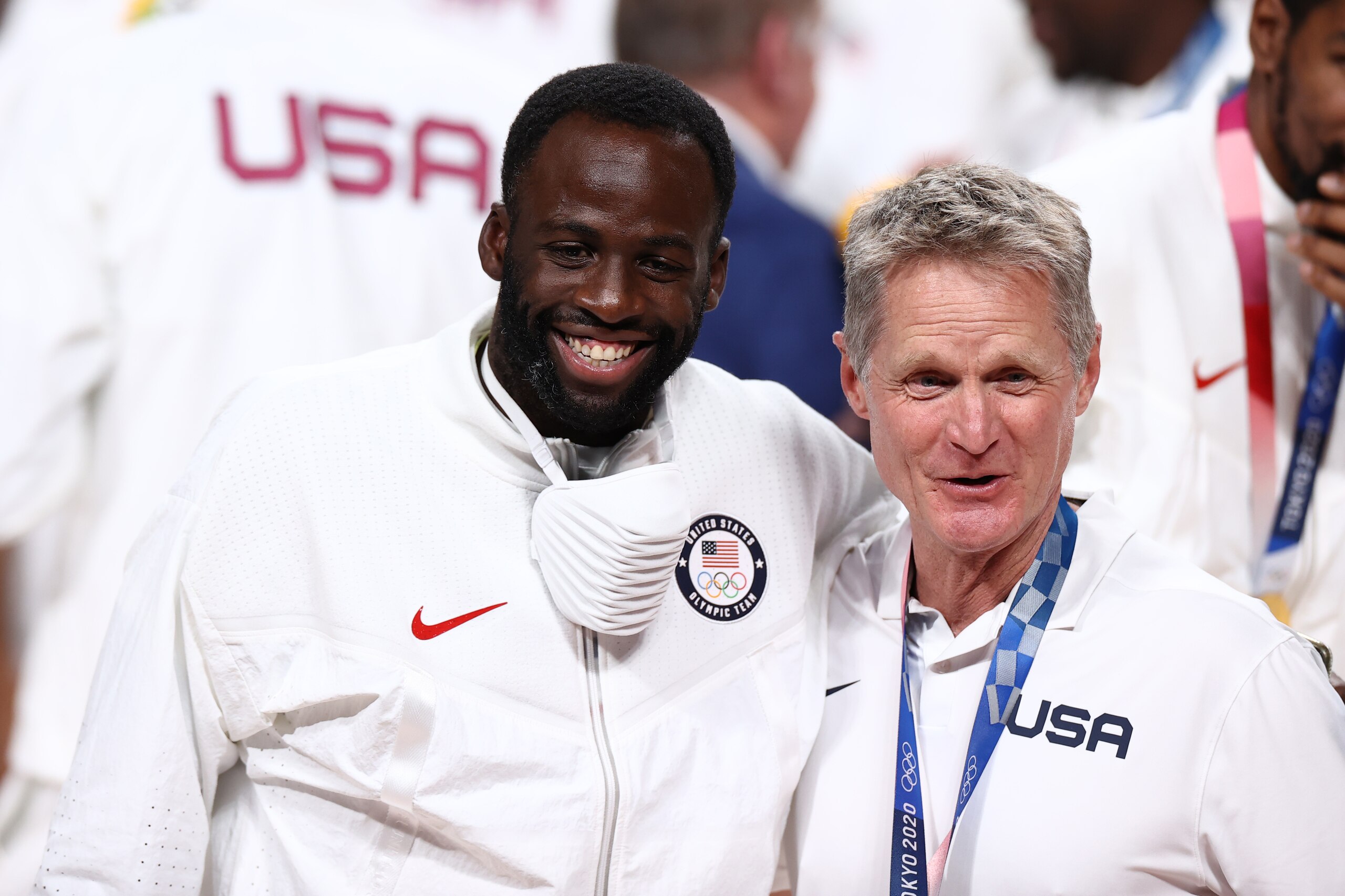 TOKYO, JAPAN -  AUGUST 7: Draymond Green #14 of the USA Men's National Team poses for a photo with Assistant Coach, Steve Kerr after winning the Gold Medal Game of the 2020 Tokyo Olympics on August 7, 2021 at the Super Saitama Arena in Tokyo, Japan. NOTE TO USER: User expressly acknowledges and agrees that, by downloading and or using this Photograph, user is consenting to the terms and conditions of the Getty Images License Agreement. Mandatory Copyright Notice: Copyright 2021 NBAE (Photo by Stephen Gosling/NBAE via Getty Images)