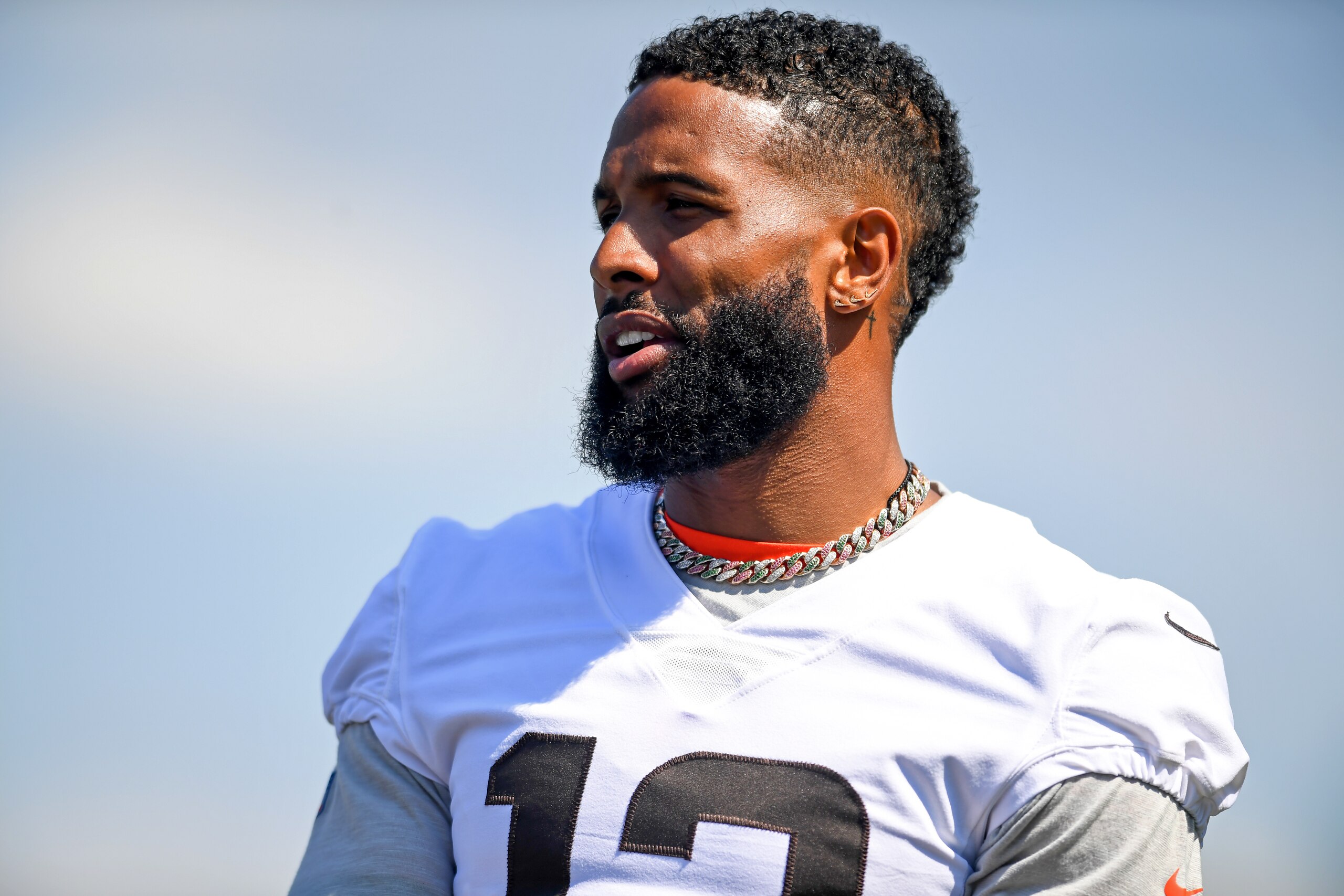 BEREA, OH - AUGUST 03: Wide receiver Odell Beckham Jr. #13 of the Cleveland Browns looks on during Cleveland Browns Training Camp on August 3, 2021 in Berea, Ohio. (Photo by Nick Cammett/Diamond Images via Getty Images)