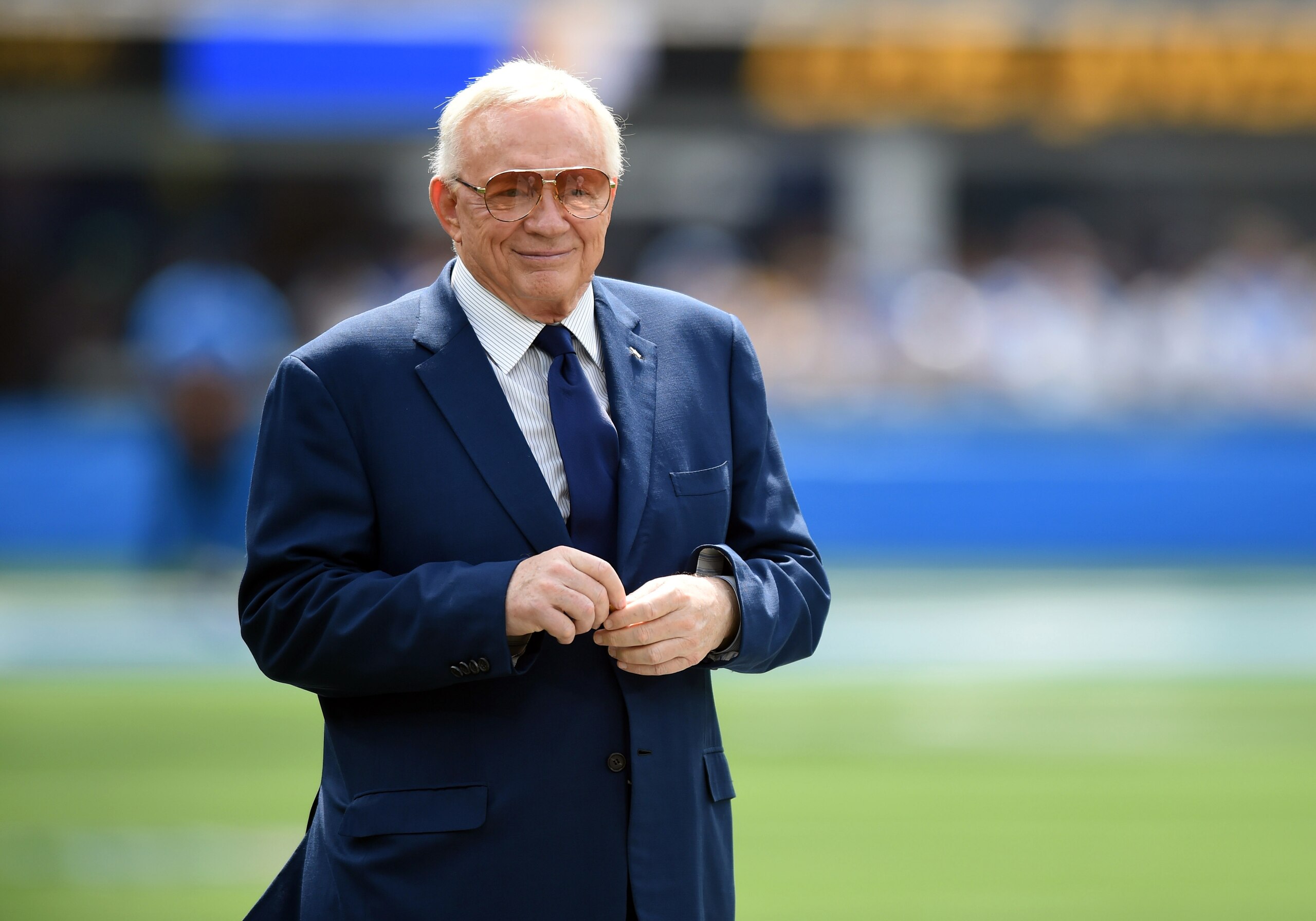 INGLEWOOD, CA - SEPTEMBER 19: Cowboys owner Jerry Jones during an NFL game between the Dallas Cowboys and the Los Angeles Chargers on September 19, 2021, at SoFi Stadium in Inglewood, CA. (Photo by Chris Williams/Icon Sportswire via Getty Images) INGLEWOOD, CA - SEPTEMBER 19: Cowboys owner Jerry Jones during an NFL game between the Dallas Cowboys and the Los Angeles Chargers on September 19, 2021, at SoFi Stadium in Inglewood, CA. (Photo by Chris Williams/Icon Sportswire via Getty Images)
