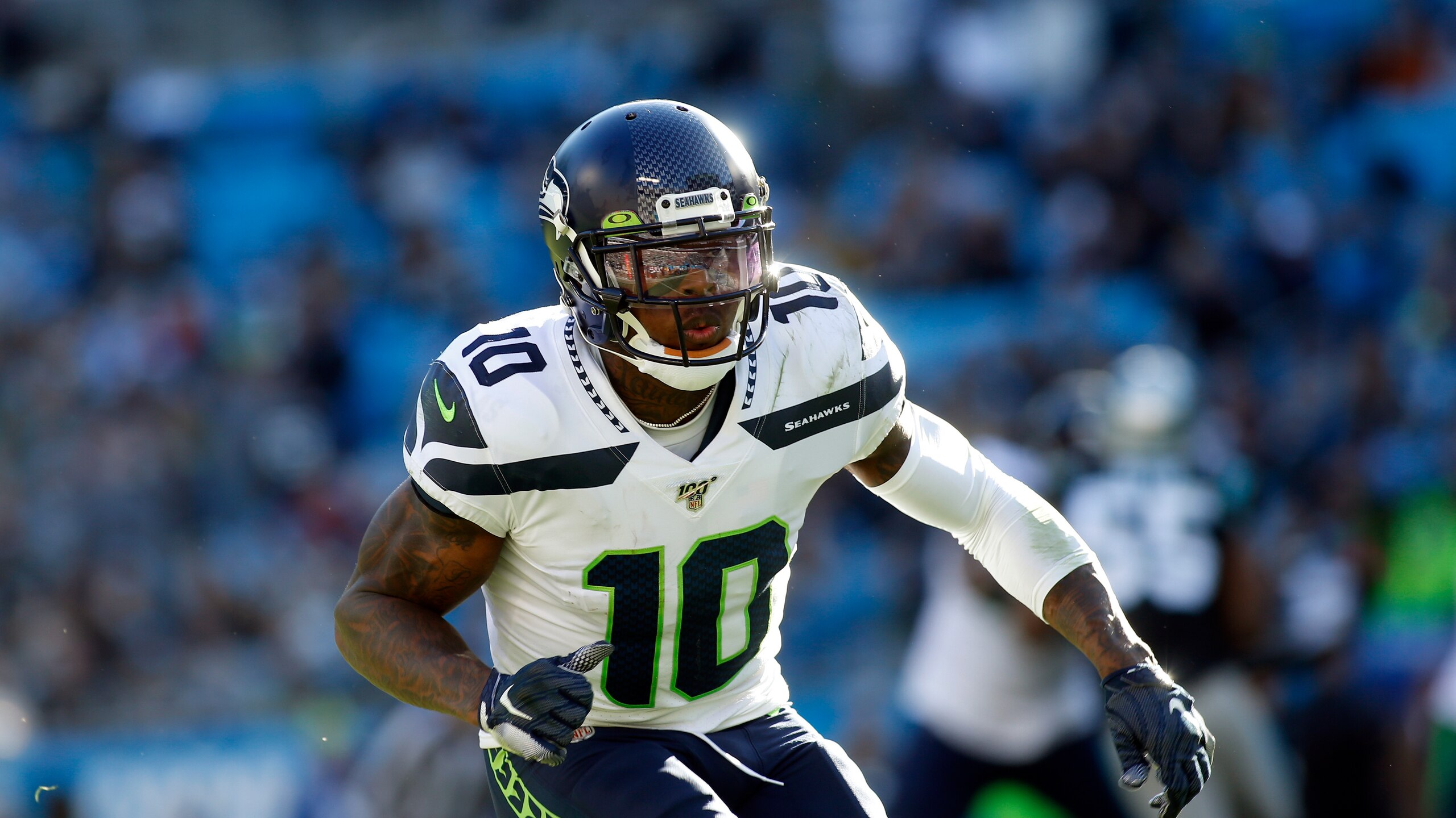 Seattle Seahawks wide receiver Josh Gordon (10) sets up against the Carolina Panthers during the second half of an NFL football game in Charlotte, N.C., Sunday, Dec. 15, 2019. (AP Photo/Brian Blanco)