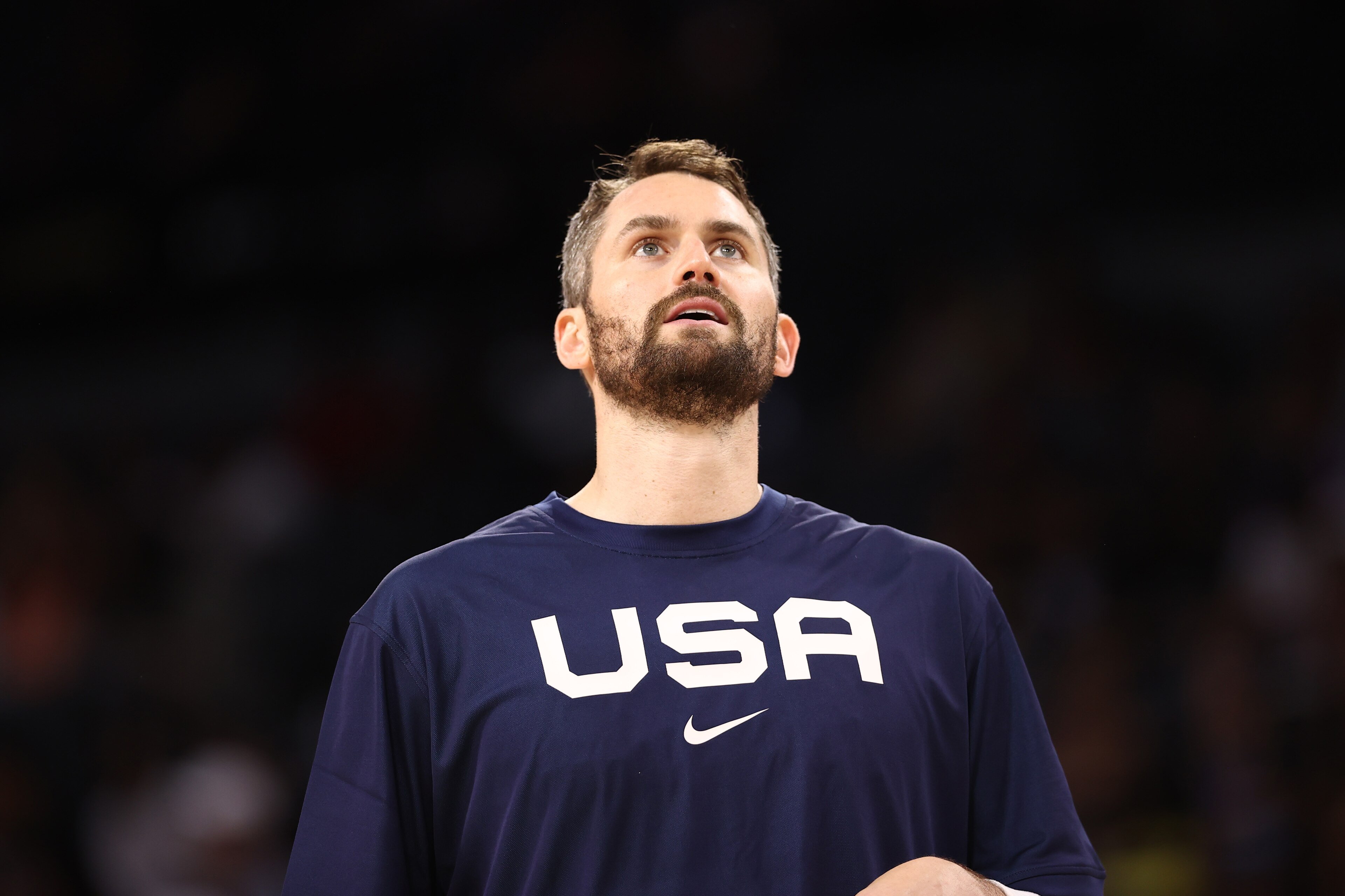 LAS VEGAS, NV - JULY 10: Kevin Love #11 of the USA Men's National Team looks on during the game against the Nigeria Men's National Team on July 10, 2021 at Michelob ULTRA Arena in Las Vegas, Nevada. NOTE TO USER: User expressly acknowledges and agrees that, by downloading and or using this photograph, User is consenting to the terms and conditions of the Getty Images License Agreement. (Photo by Stephen Gosling/NBAE via Getty Images) LAS VEGAS, NV - JULY 10: Kevin Love #11 of the USA Men's National Team looks on during the game against the Nigeria Men's National Team on July 10, 2021 at Michelob ULTRA Arena in Las Vegas, Nevada. NOTE TO USER: User expressly acknowledges and agrees that, by downloading and or using this photograph, User is consenting to the terms and conditions of the Getty Images License Agreement. (Photo by Stephen Gosling/NBAE via Getty Images)