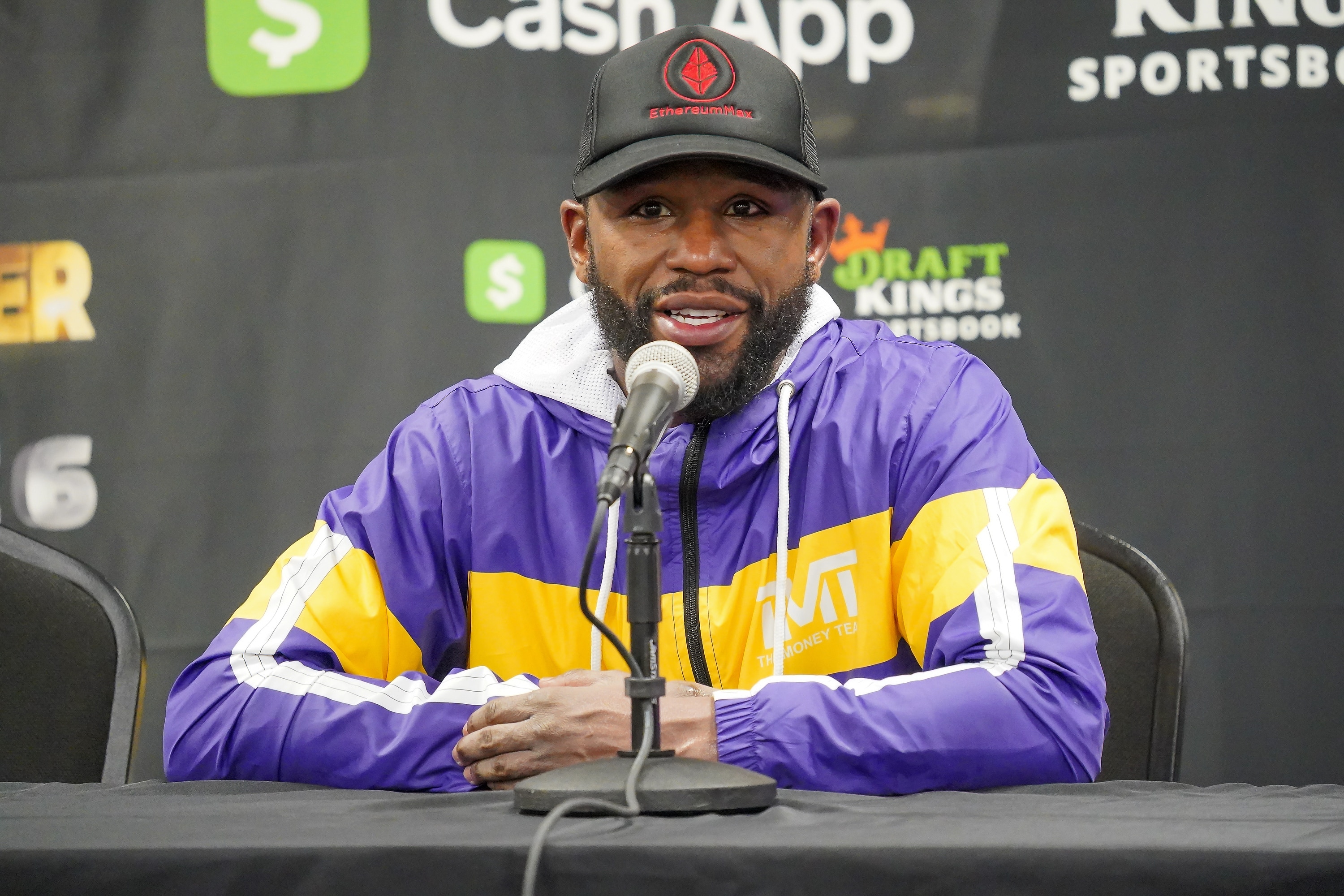 MIAMI, FL - JUNE 6: Floyd Mayweather meets with the press following the Mayweather vs Paul: Bragging Rights boxing event on June 06, 2021, at Hard Rock Stadium in Miami, Florida. (Photo by Louis Grasse/PxImages/Icon Sportswire via Getty Images)